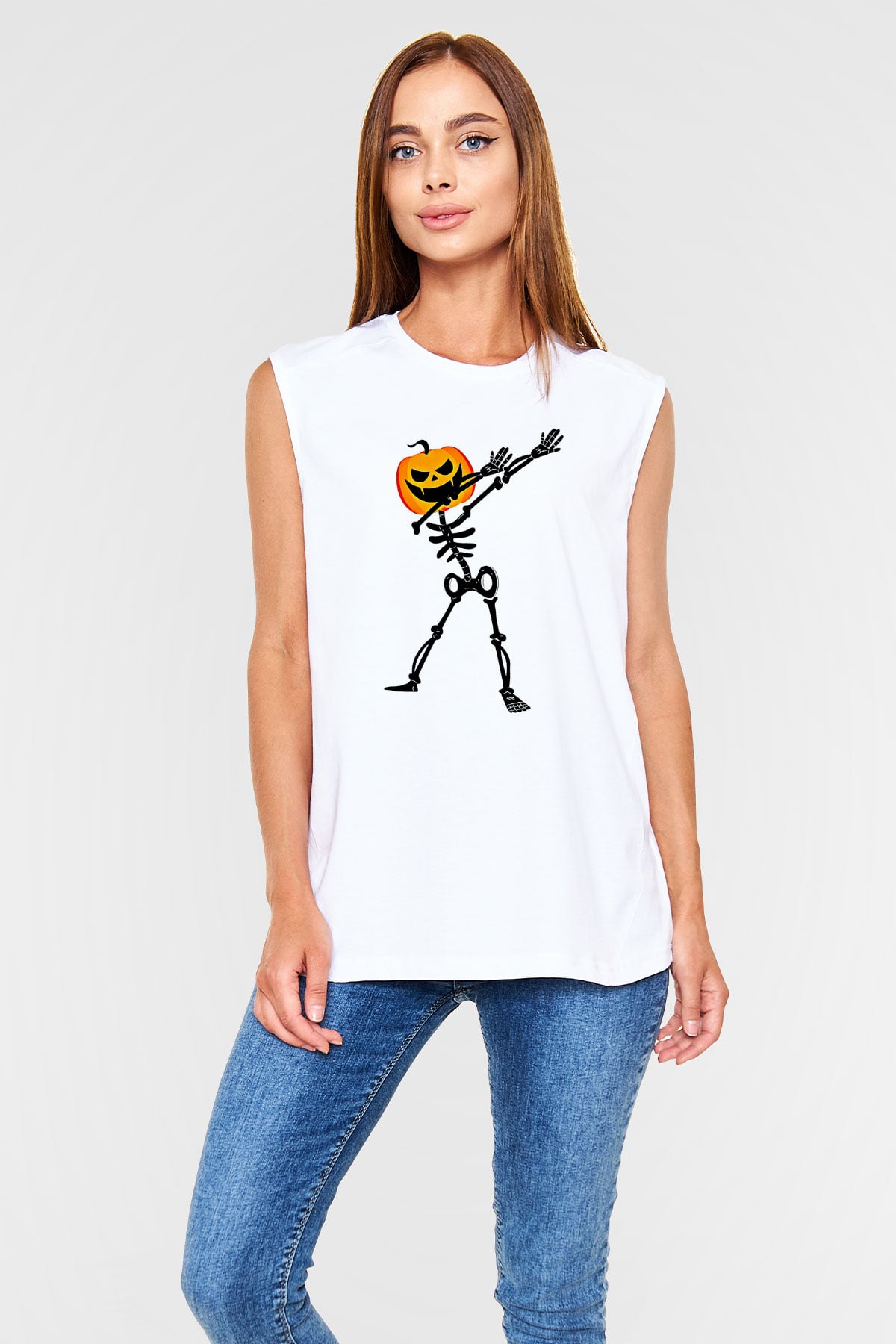 Halloween Baskılı Beyaz Unisex Kolsuz Tişört - Tshirt