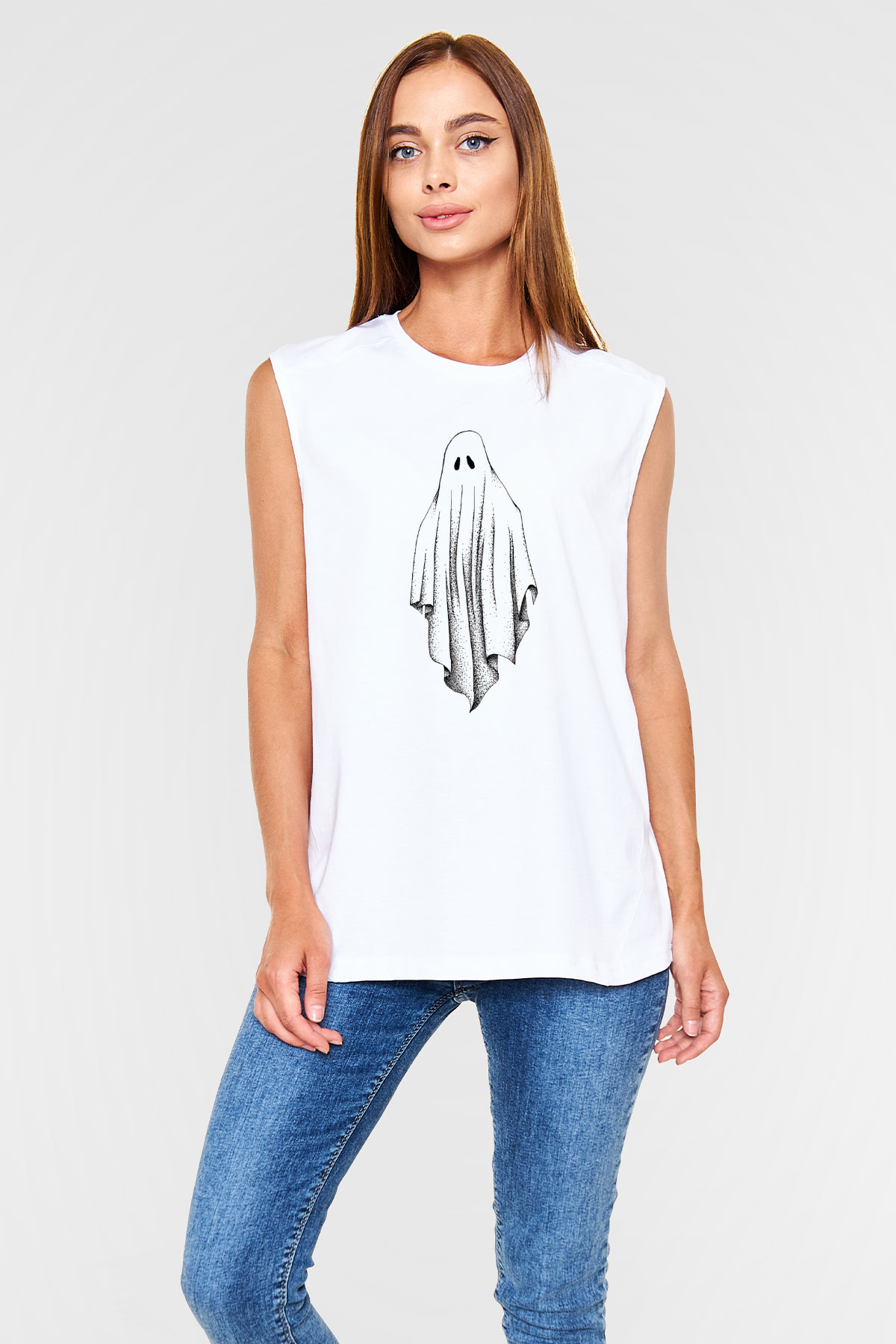 Halloween Baskılı Beyaz Unisex Kolsuz Tişört - Tshirt