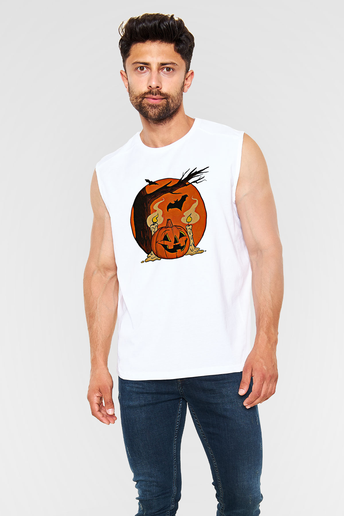 Halloween Baskılı Beyaz Unisex Kolsuz Tişört - Tshirt