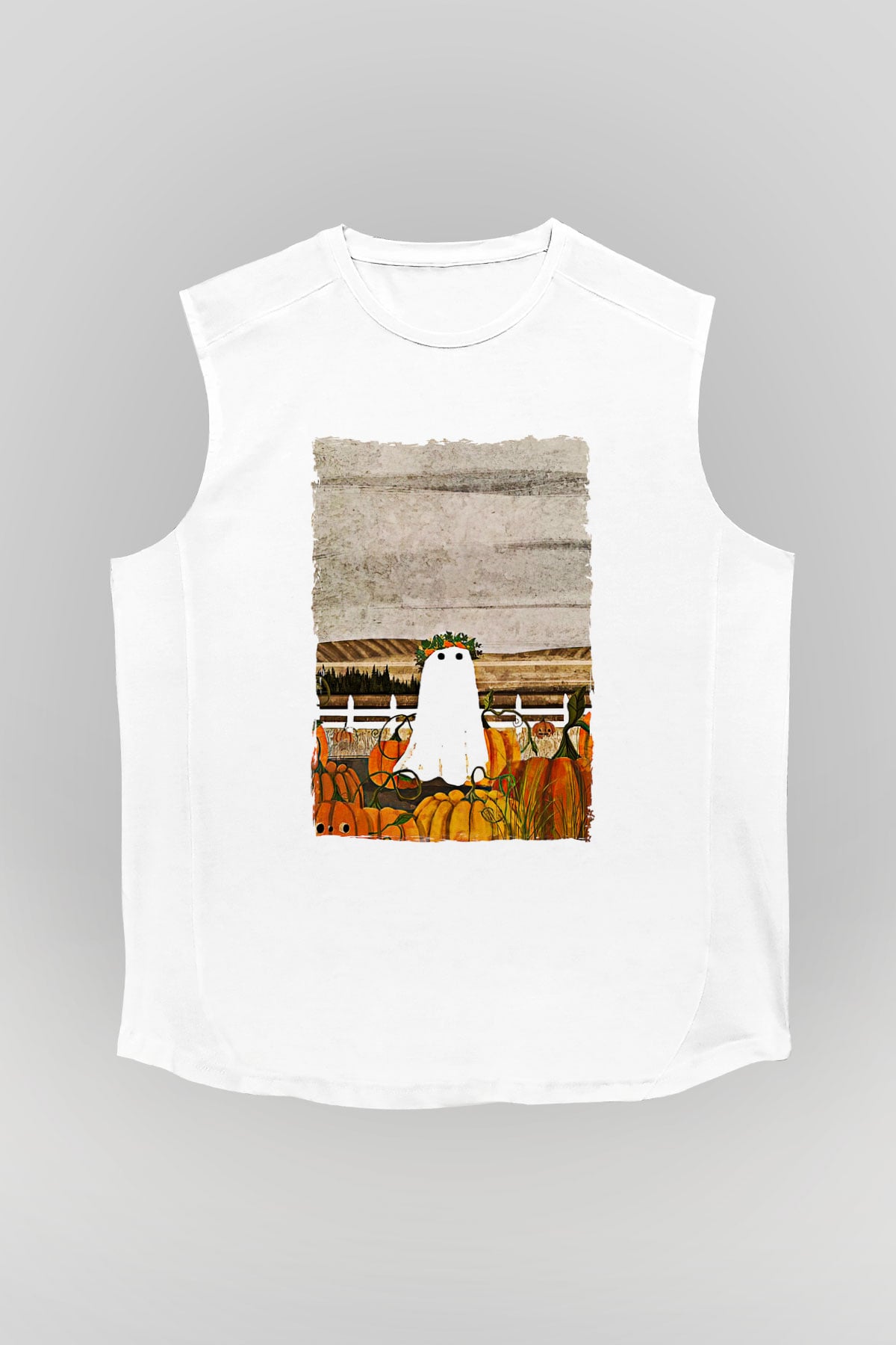Halloween Baskılı Beyaz Unisex Kolsuz Tişört - Tshirt
