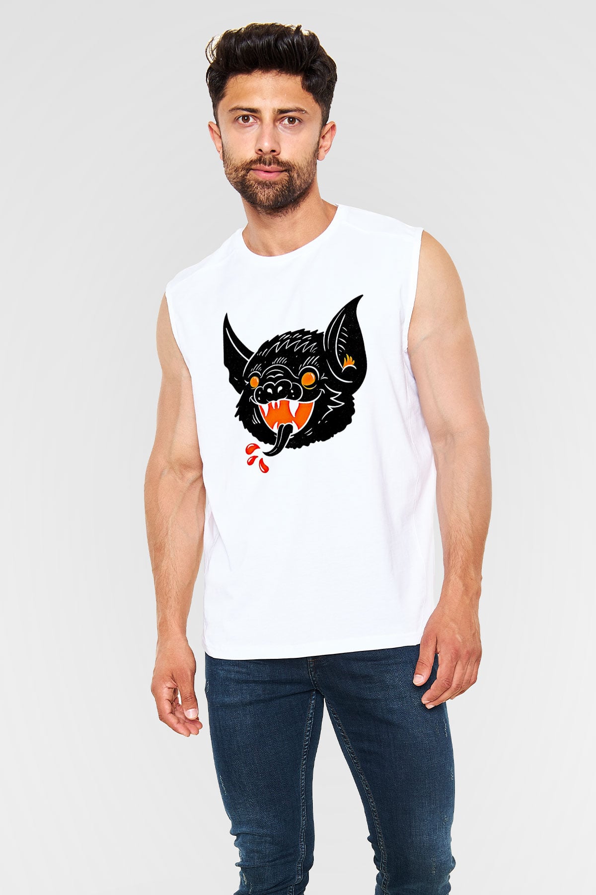 Halloween Baskılı Beyaz Unisex Kolsuz Tişört - Tshirt