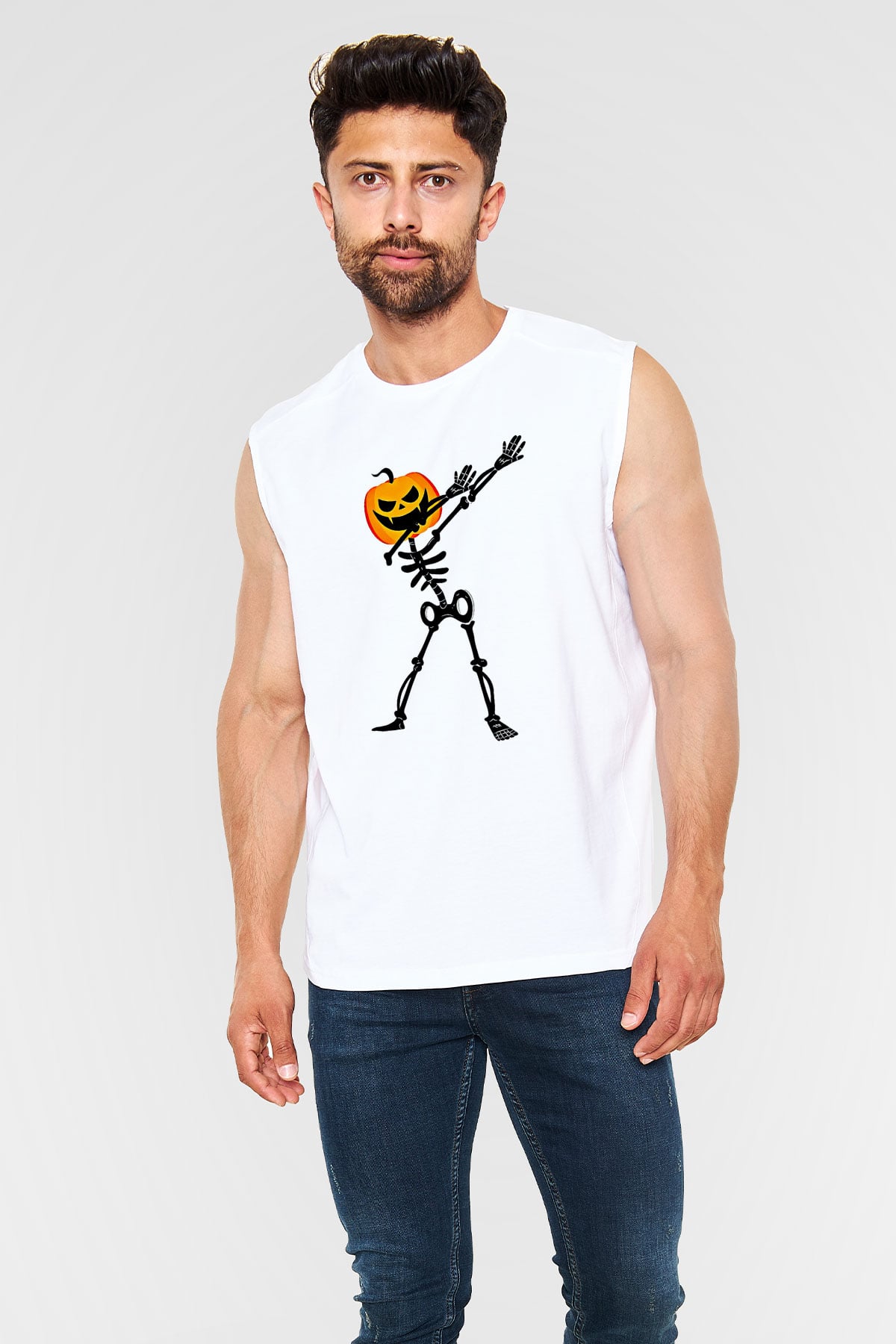 Halloween Baskılı Beyaz Unisex Kolsuz Tişört - Tshirt