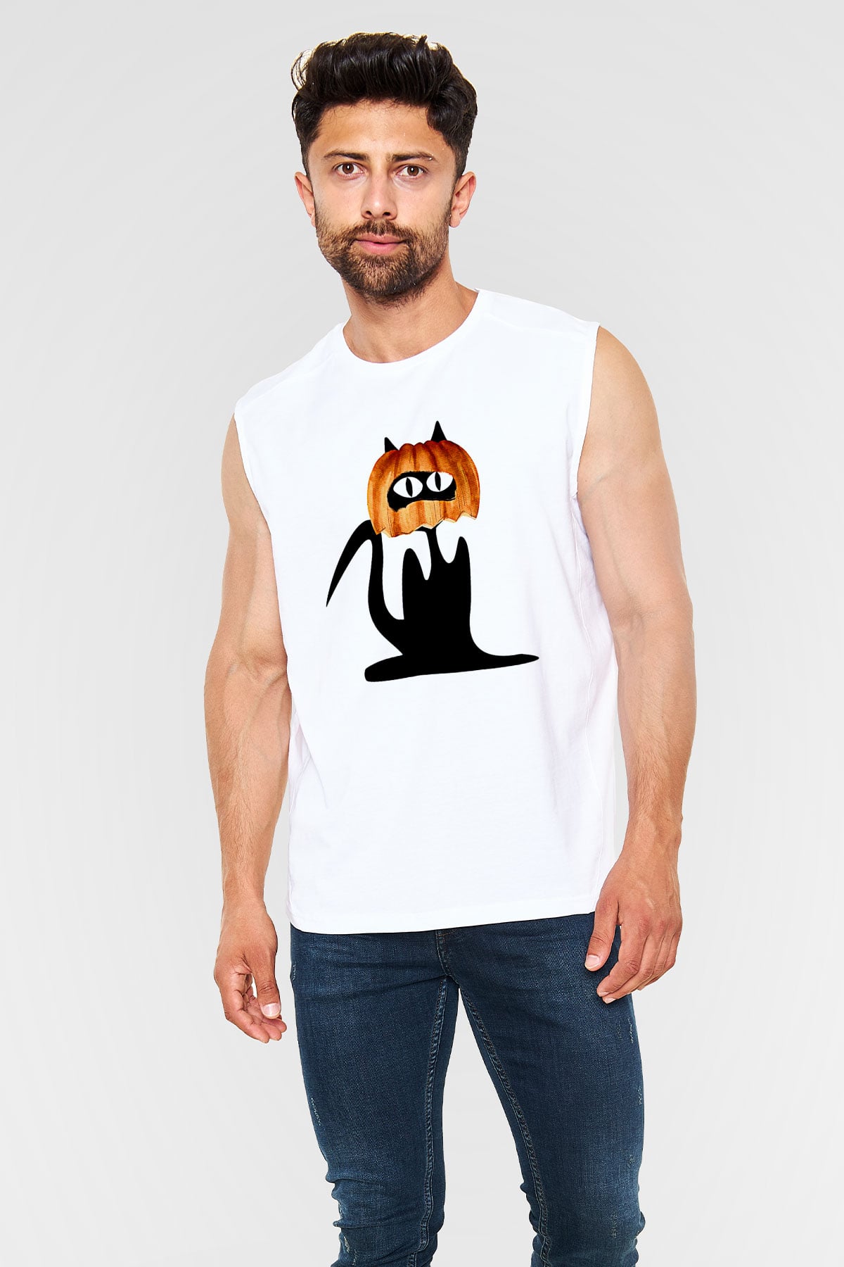 Halloween Baskılı Beyaz Unisex Kolsuz Tişört - Tshirt