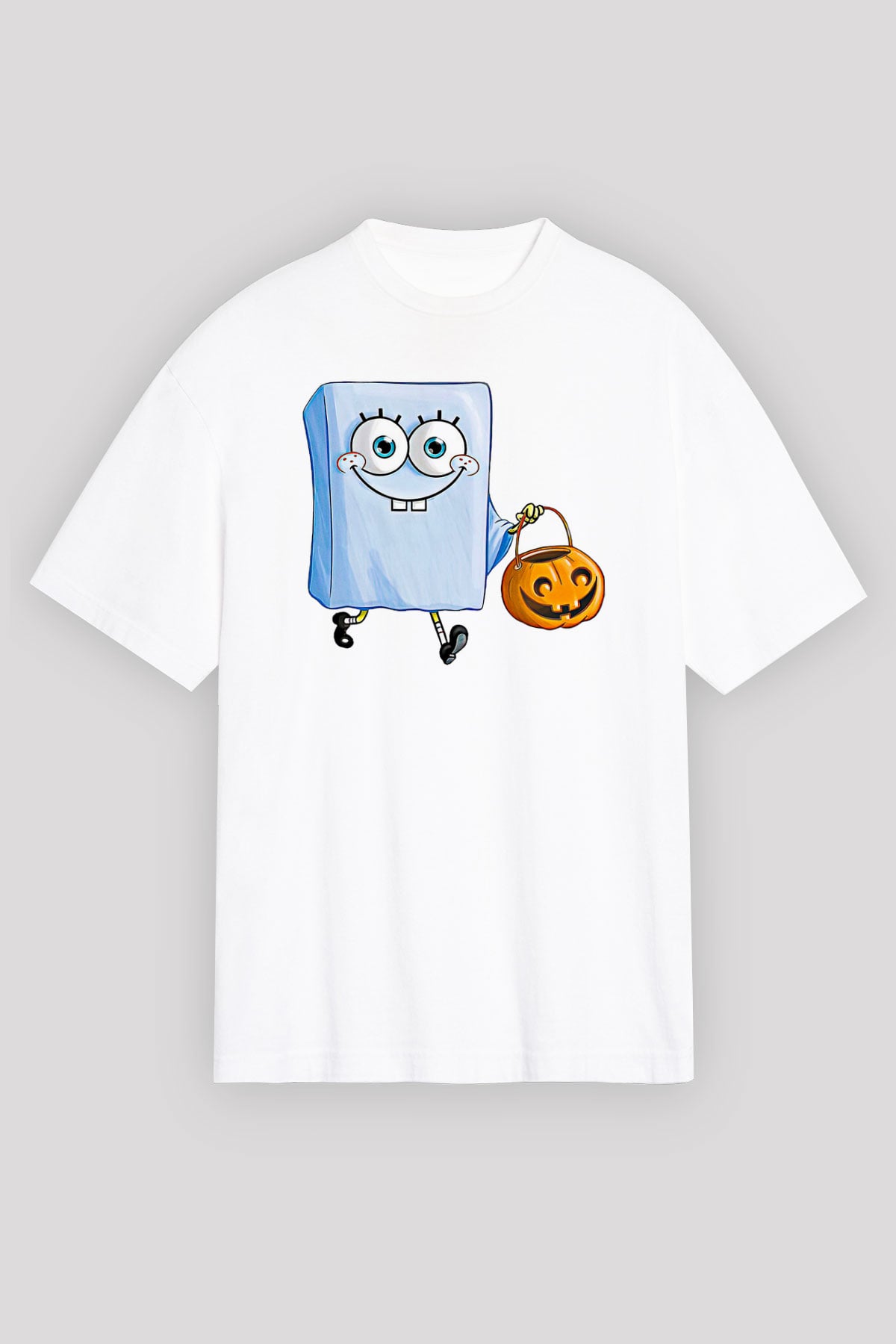 Halloween Baskılı Beyaz Unisex Oversize Tişört - Tshirt