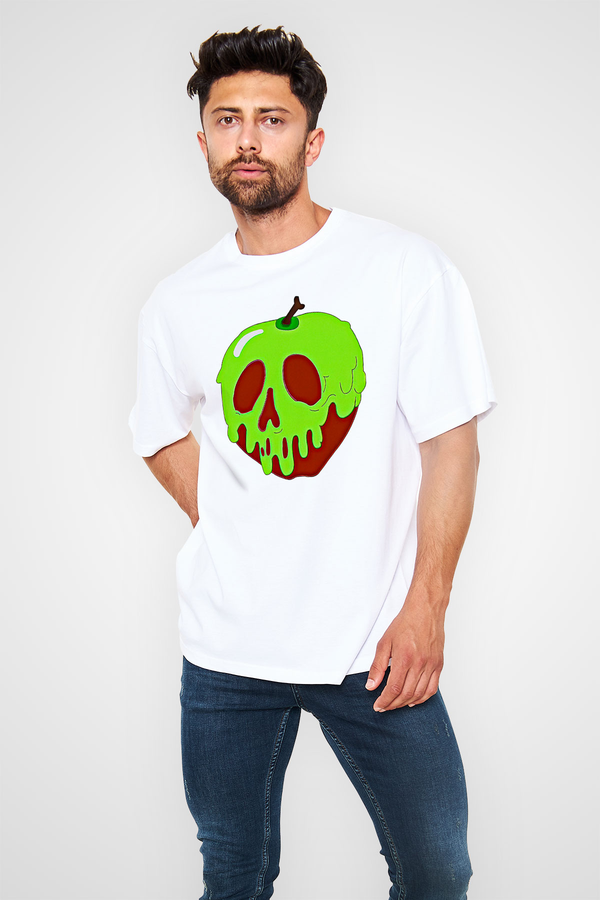 Halloween Baskılı Beyaz Unisex Oversize Tişört - Tshirt