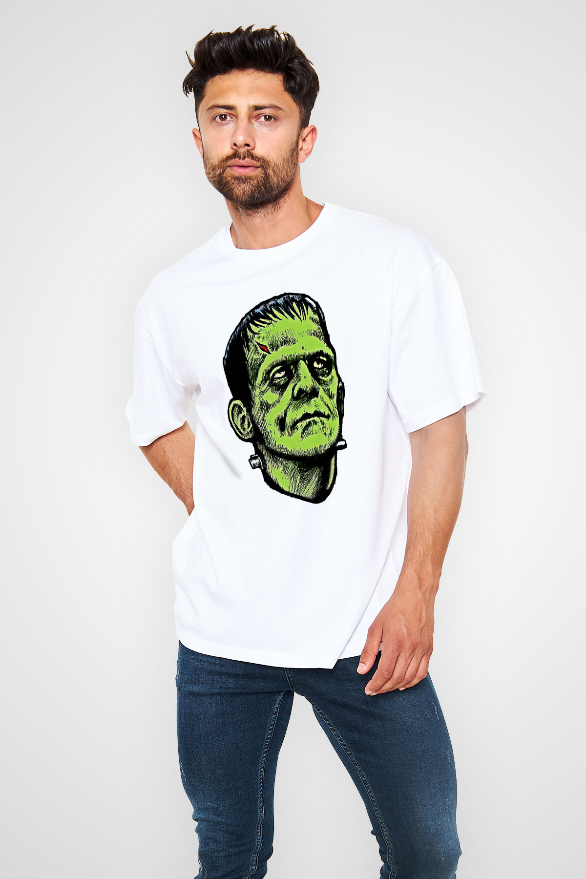 Halloween Baskılı Beyaz Unisex Oversize Tişört - Tshirt