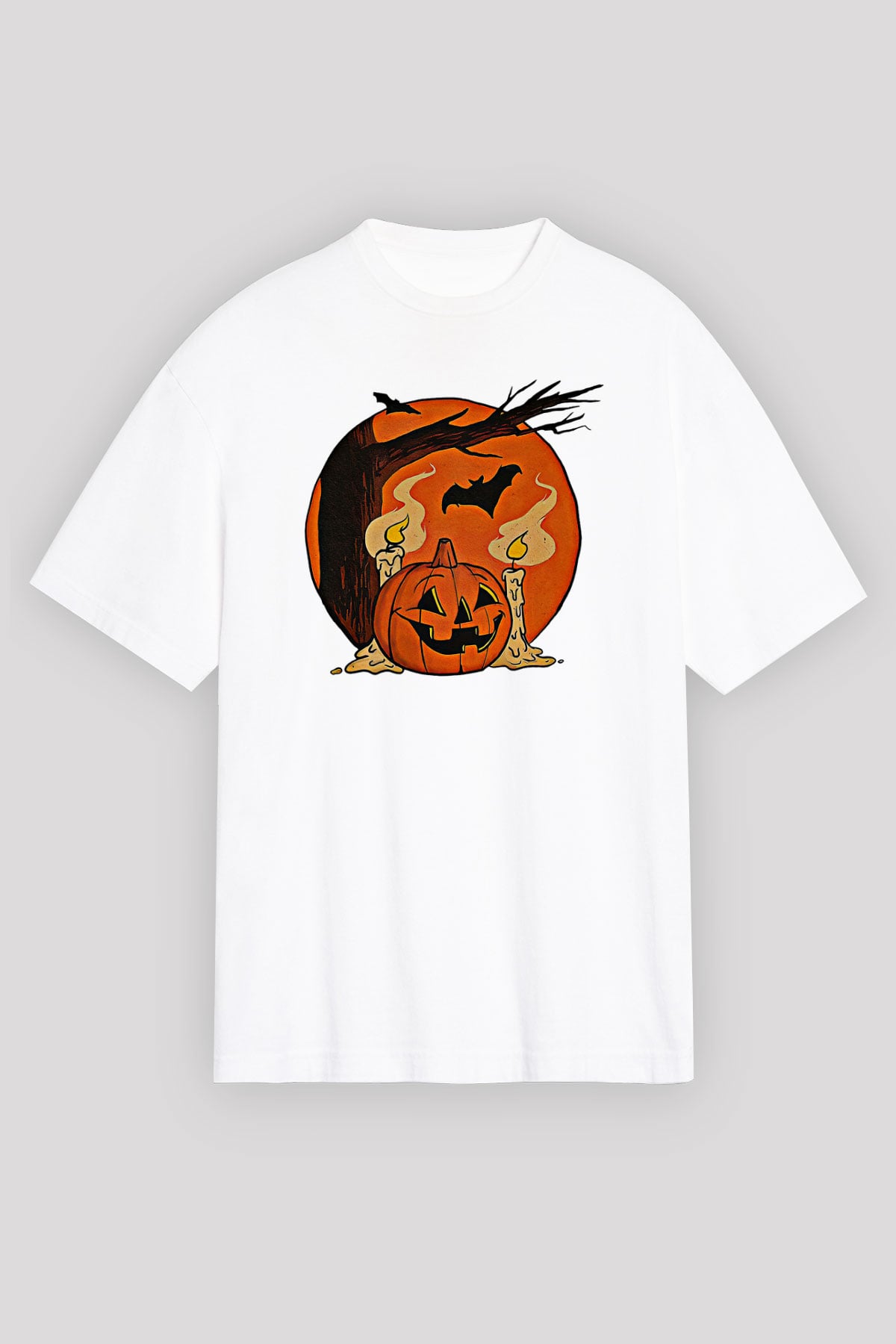 Halloween Baskılı Beyaz Unisex Oversize Tişört - Tshirt