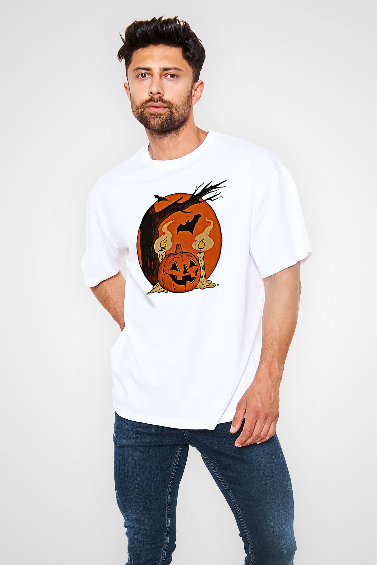 Halloween Baskılı Beyaz Unisex Oversize Tişört - Tshirt