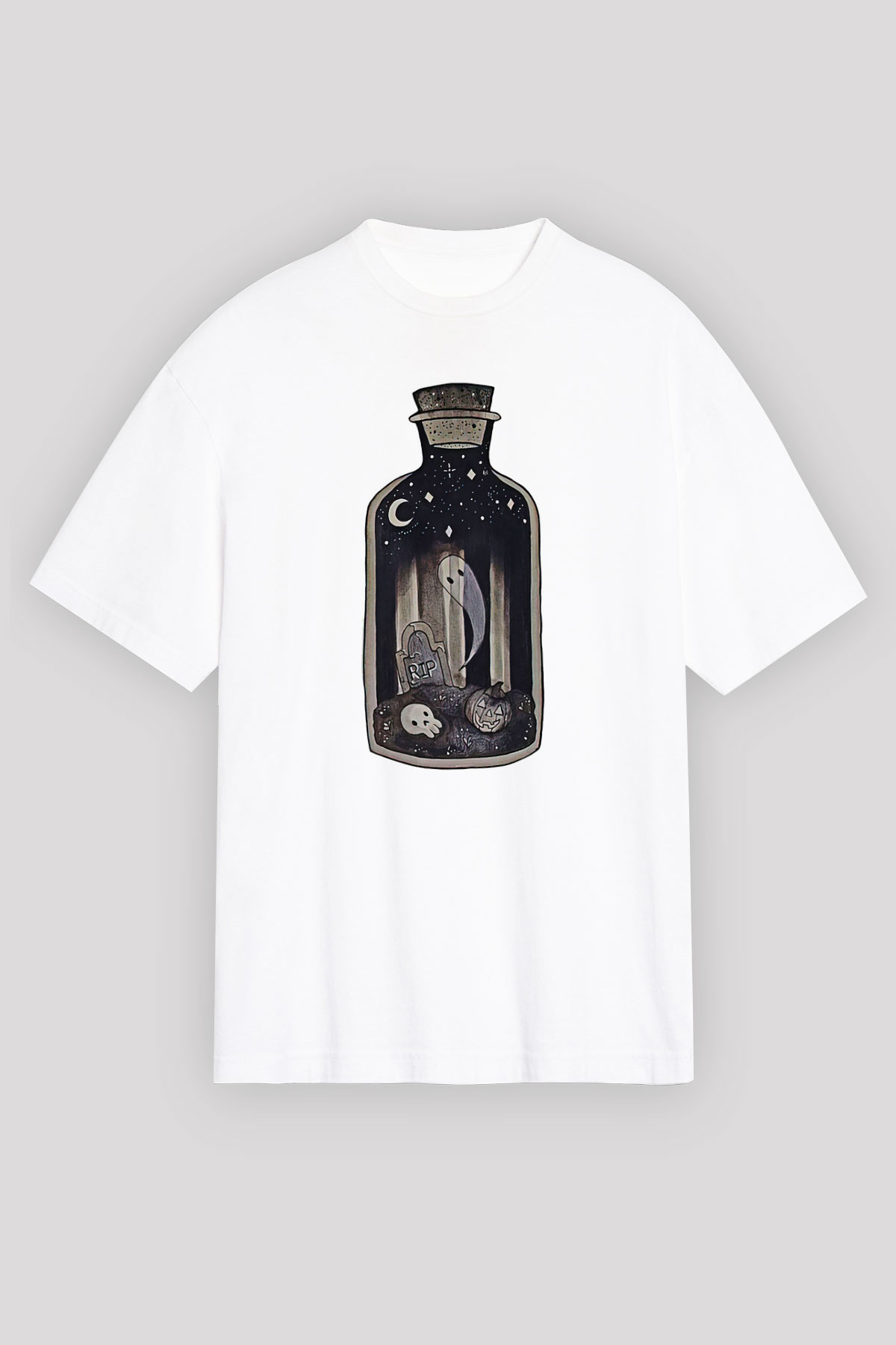 Halloween Baskılı Beyaz Unisex Oversize Tişört - Tshirt