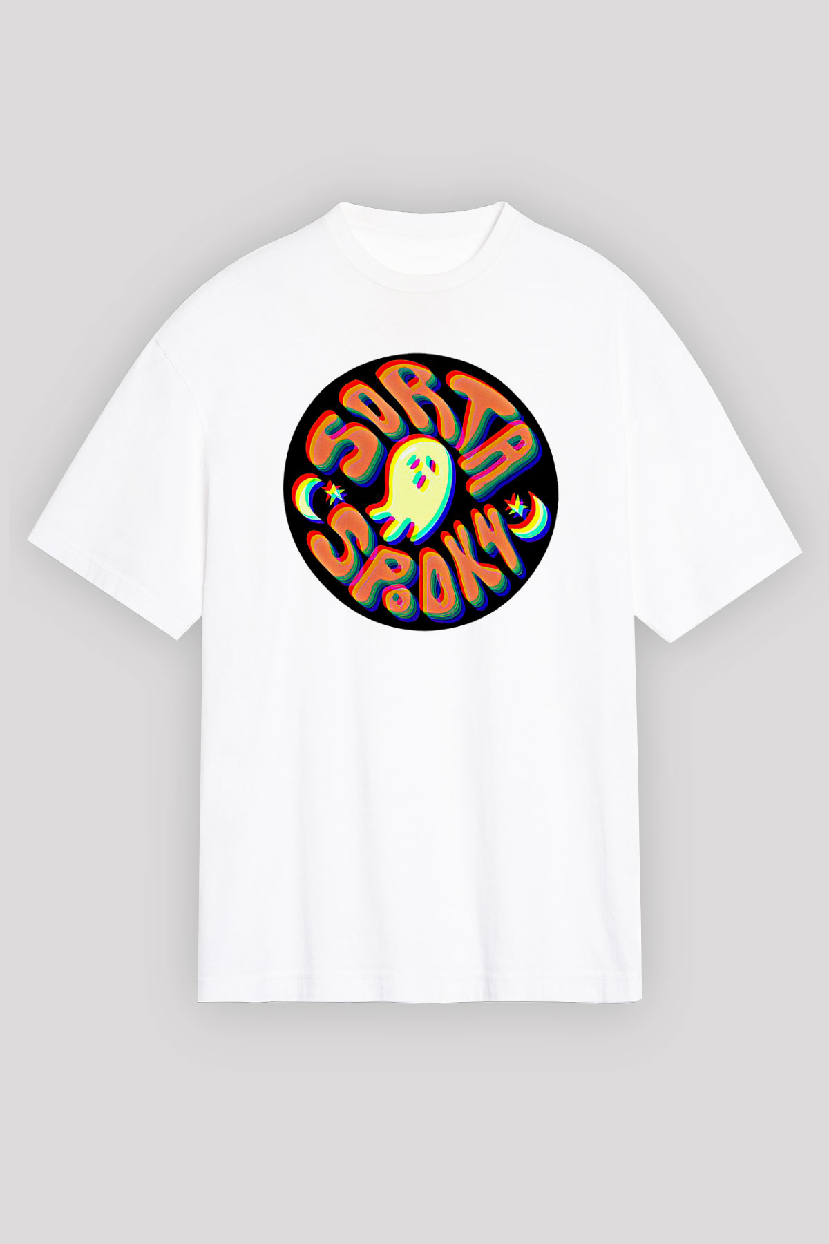 Halloween Baskılı Beyaz Unisex Oversize Tişört - Tshirt