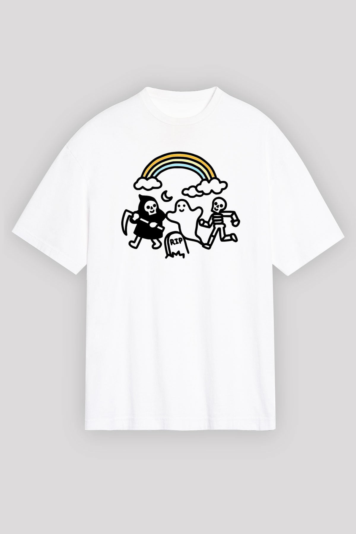 Halloween Baskılı Beyaz Unisex Oversize Tişört - Tshirt