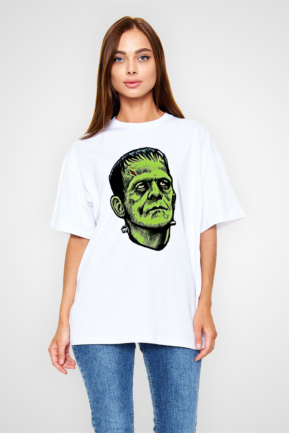 Halloween Baskılı Beyaz Unisex Oversize Tişört - Tshirt