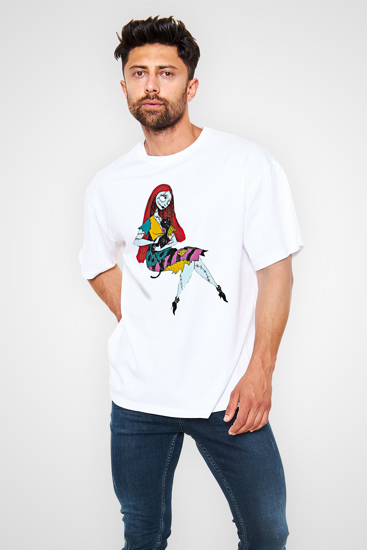 Halloween Baskılı Beyaz Unisex Oversize Tişört - Tshirt