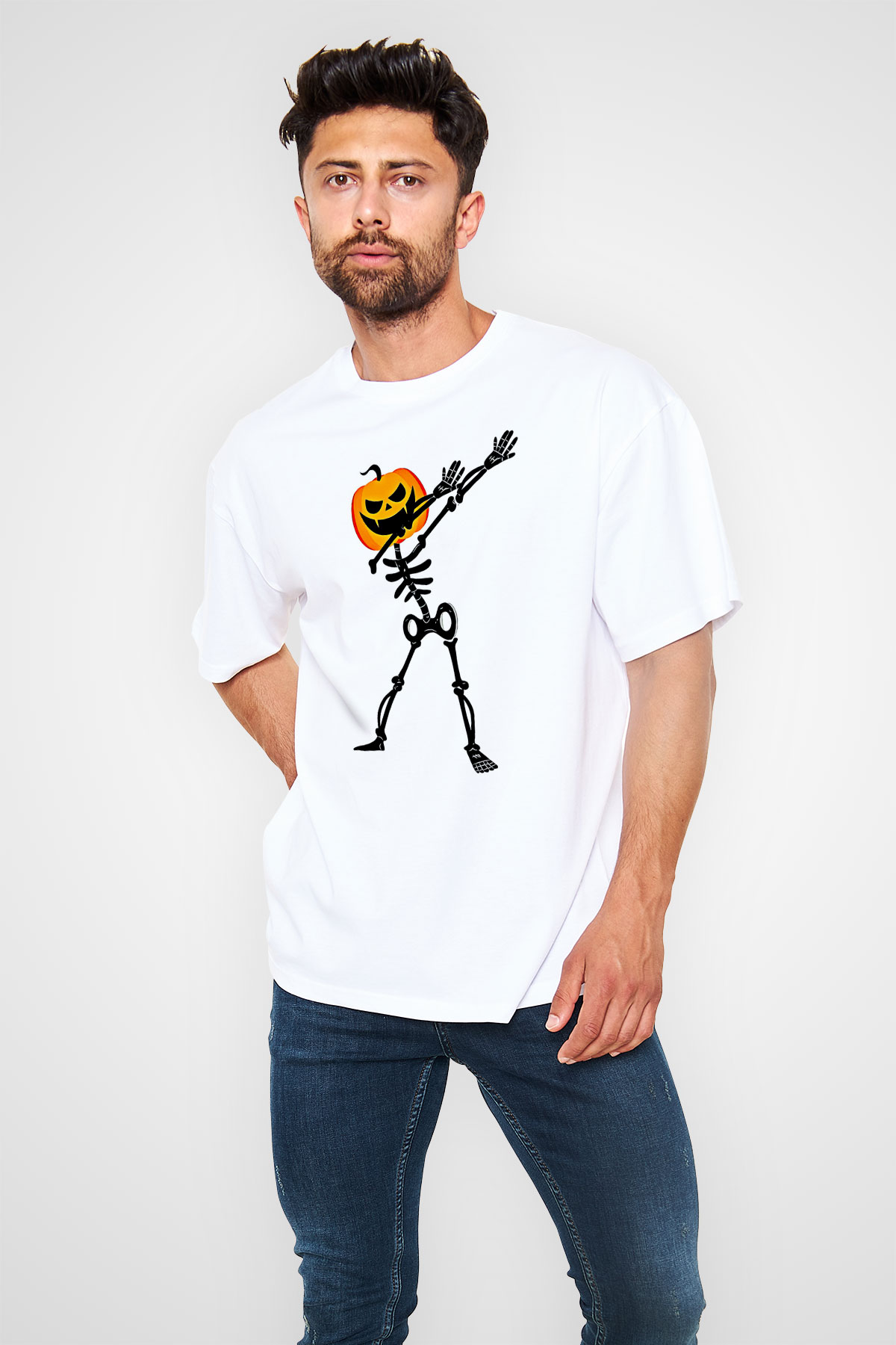 Halloween Baskılı Beyaz Unisex Oversize Tişört - Tshirt