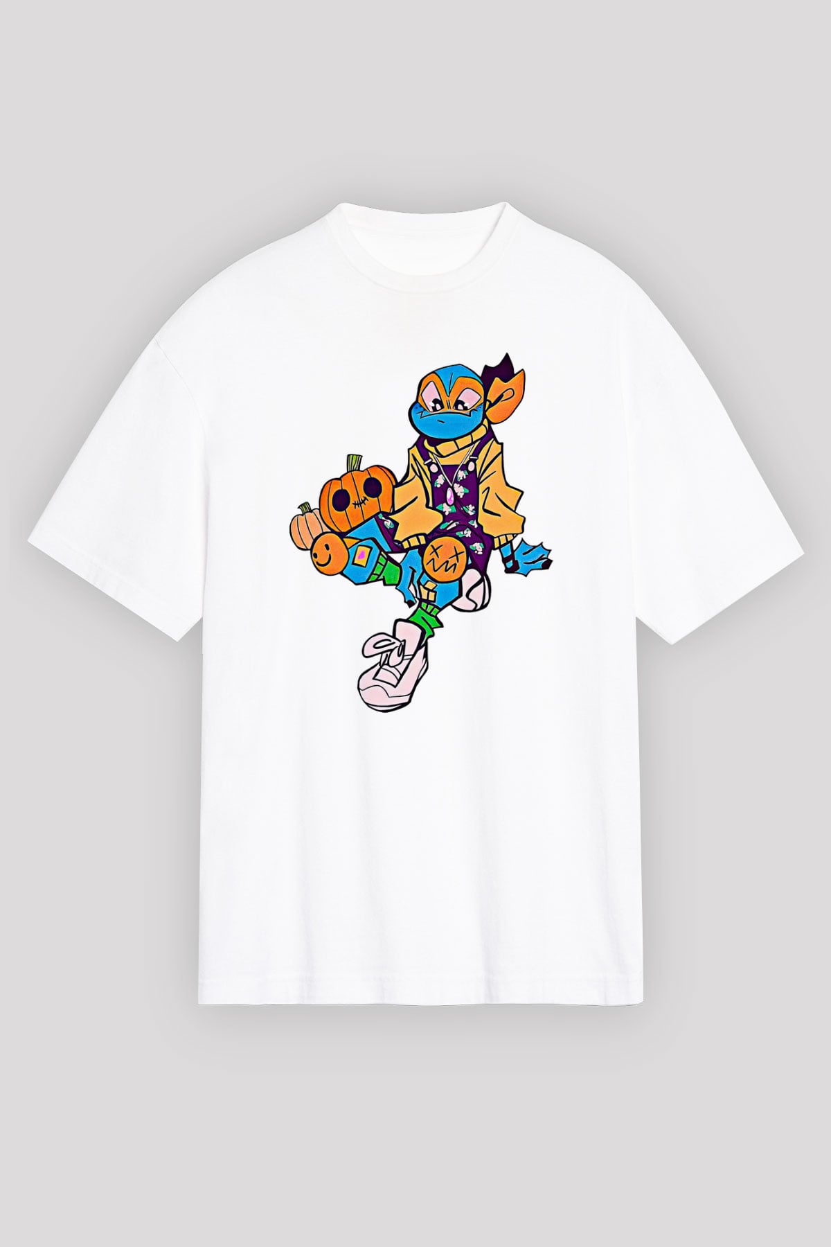 Halloween Baskılı Beyaz Unisex Oversize Tişört - Tshirt
