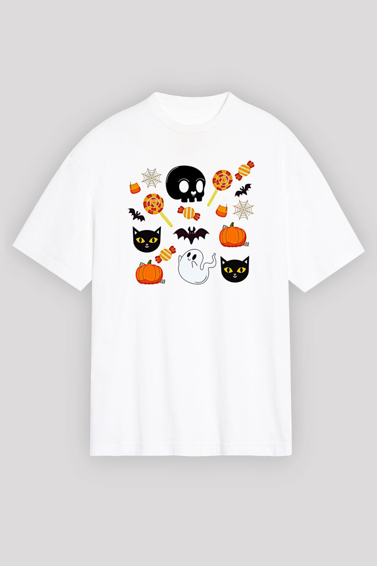 Halloween Baskılı Beyaz Unisex Oversize Tişört - Tshirt
