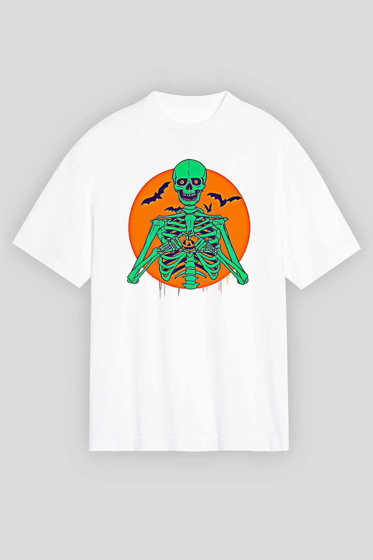 Halloween Baskılı Beyaz Unisex Oversize Tişört - Tshirt