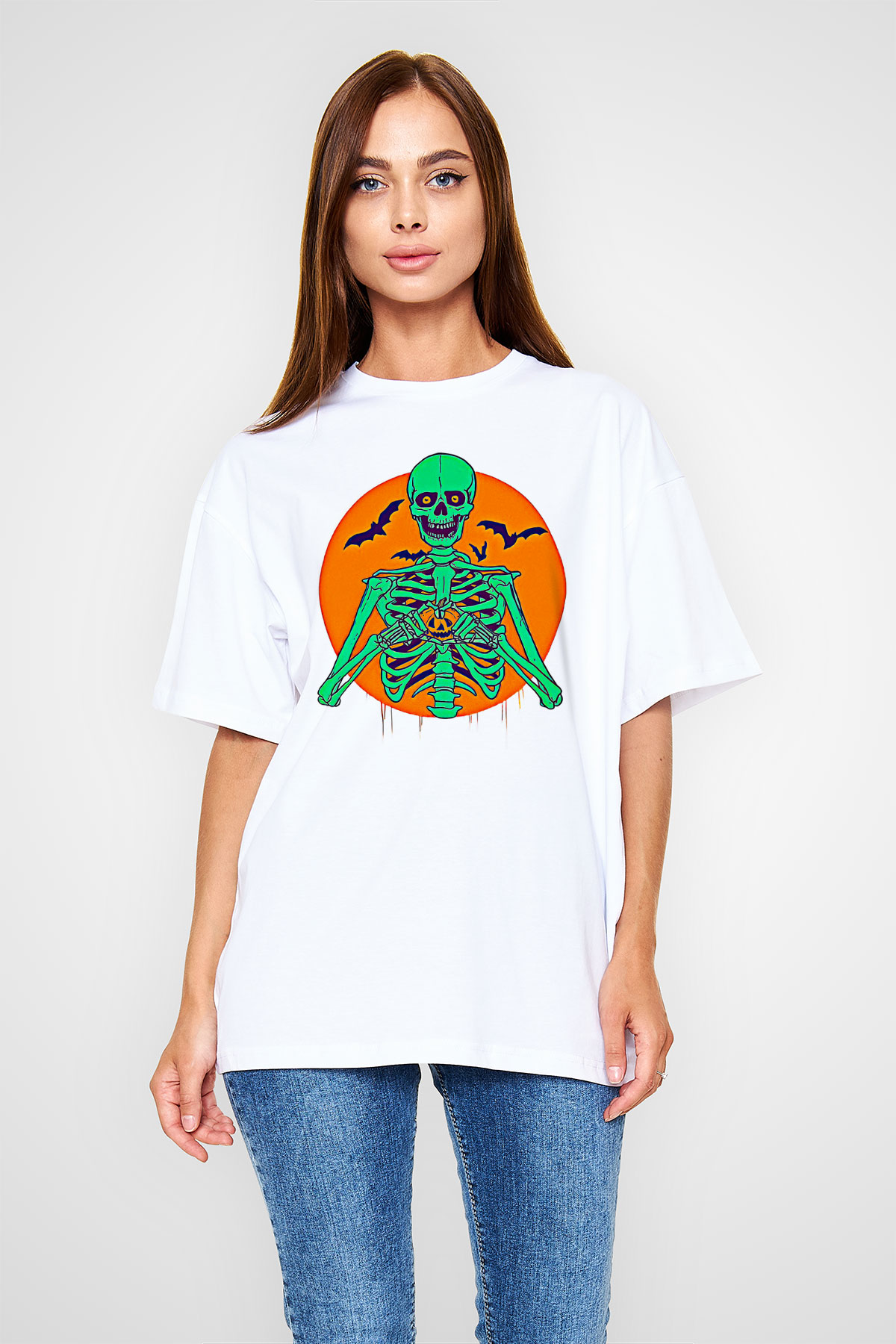 Halloween Baskılı Beyaz Unisex Oversize Tişört - Tshirt