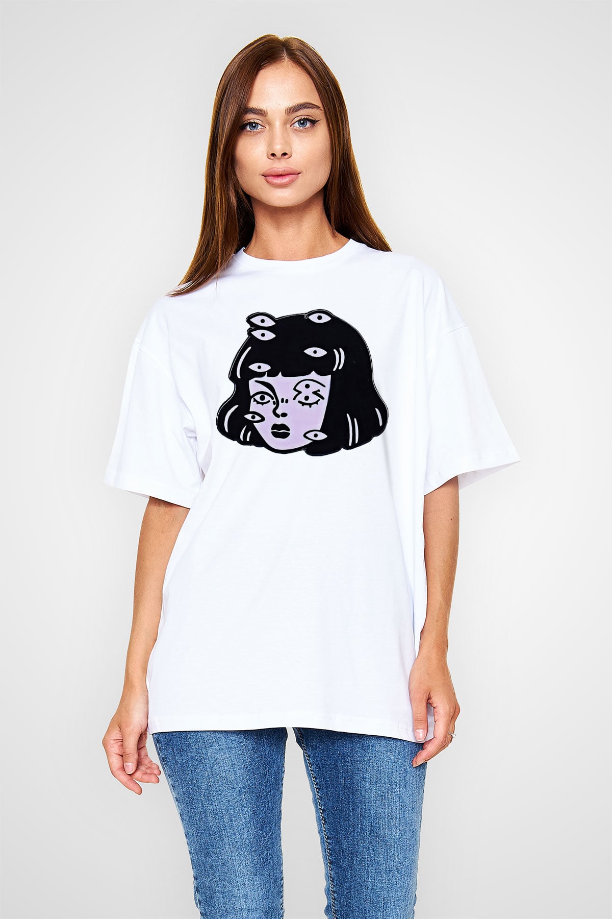 Halloween Baskılı Beyaz Unisex Oversize Tişört - Tshirt