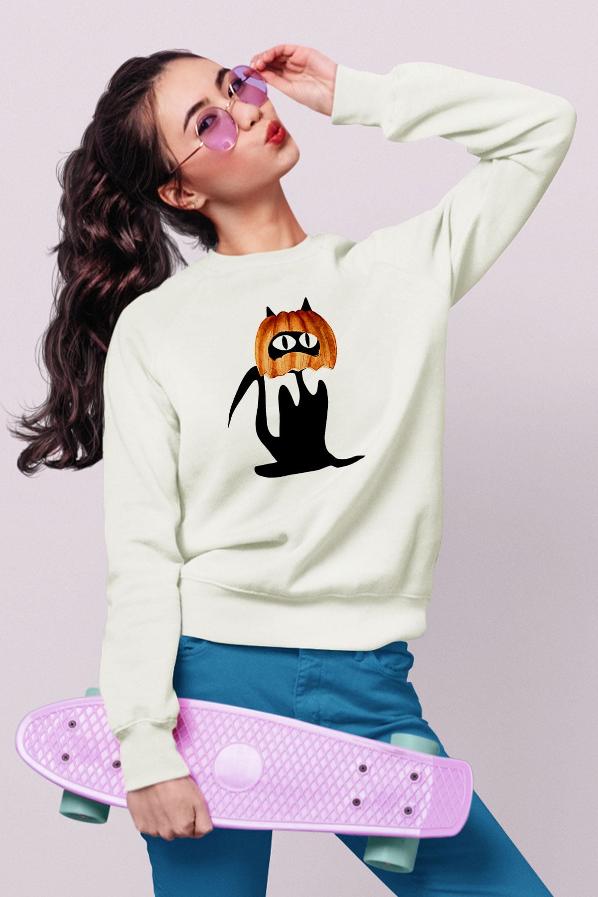 Halloween Baskılı Beyaz Unisex Sweatshirt