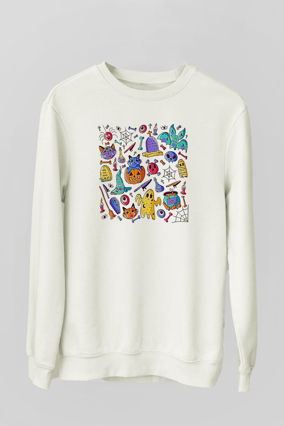Halloween Baskılı Beyaz Unisex Sweatshirt