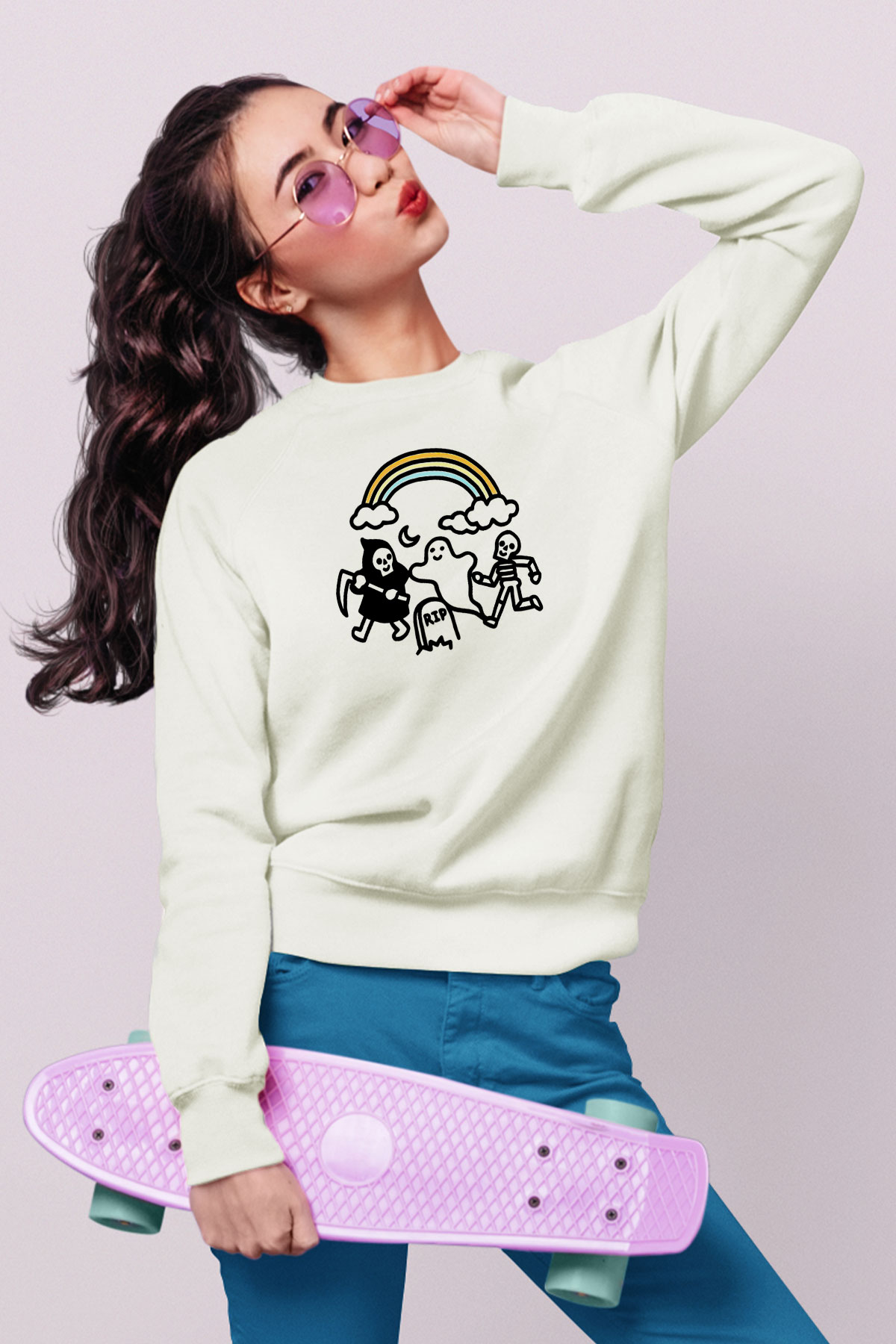 Halloween Baskılı Beyaz Unisex Sweatshirt