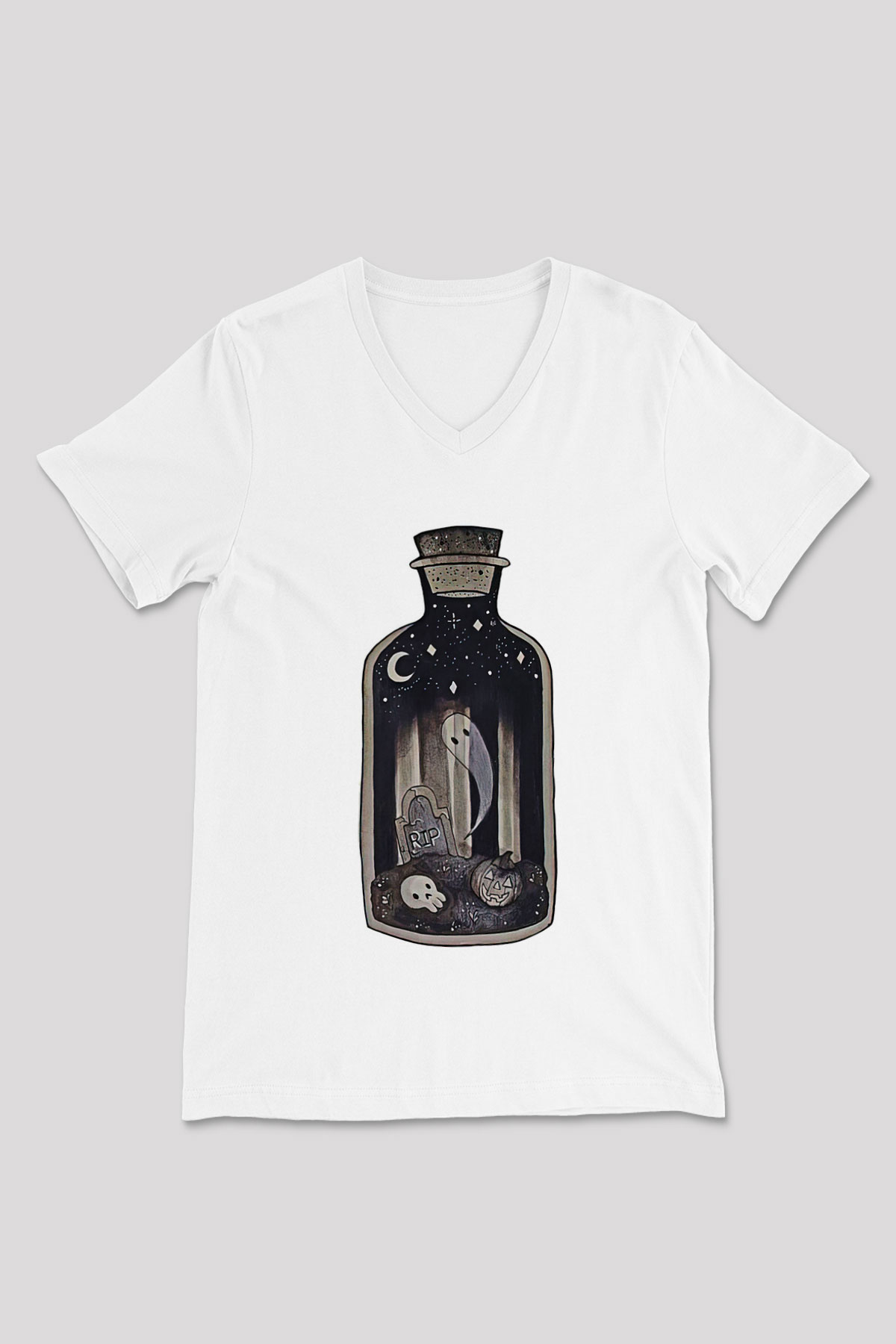 Halloween Baskılı Beyaz Unisex V Yaka Tişört - Tshirt