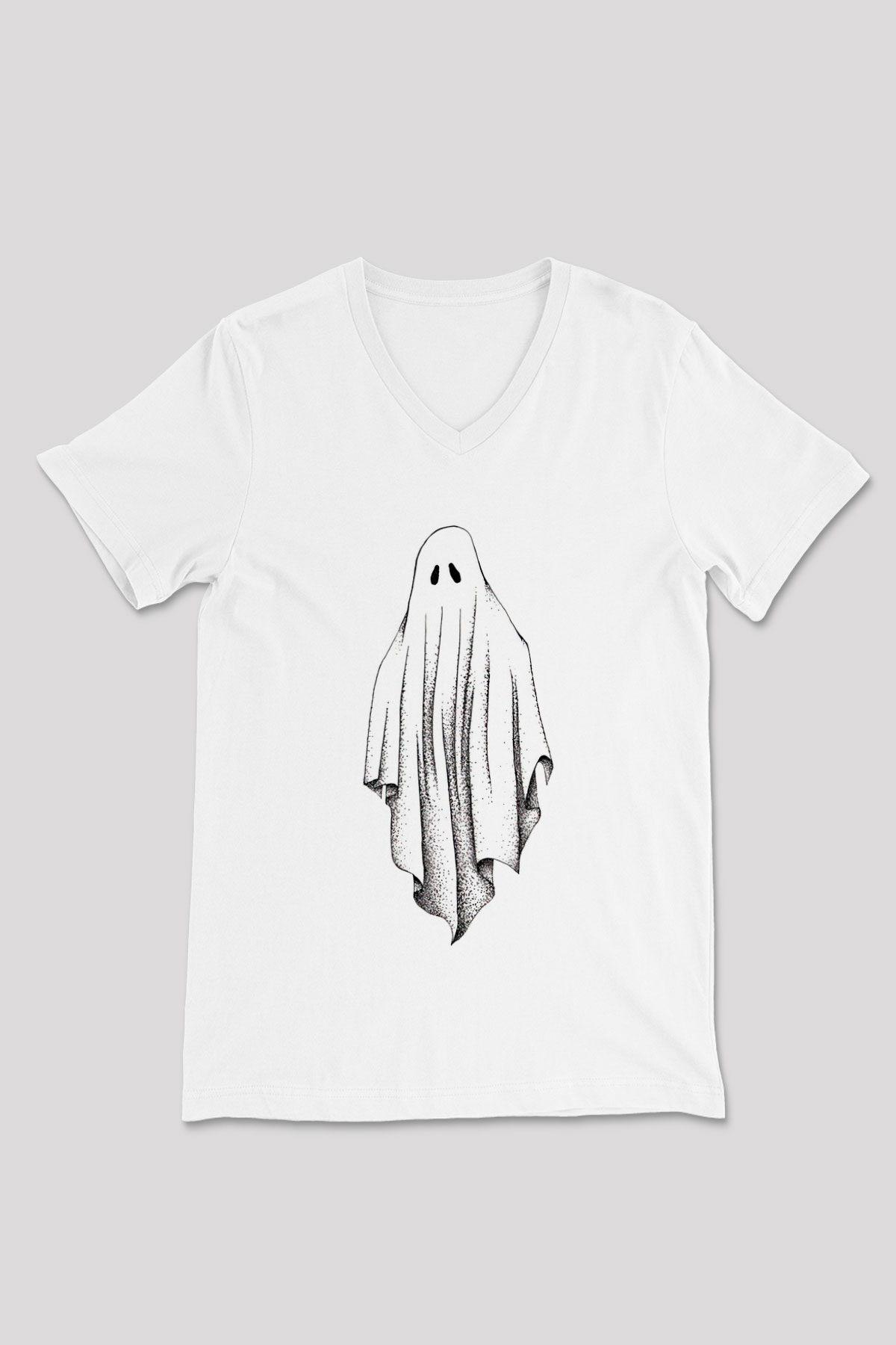 Halloween Baskılı Beyaz Unisex V Yaka Tişört - Tshirt