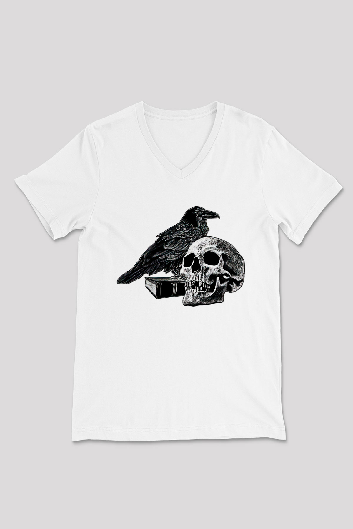Halloween Baskılı Beyaz Unisex V Yaka Tişört - Tshirt