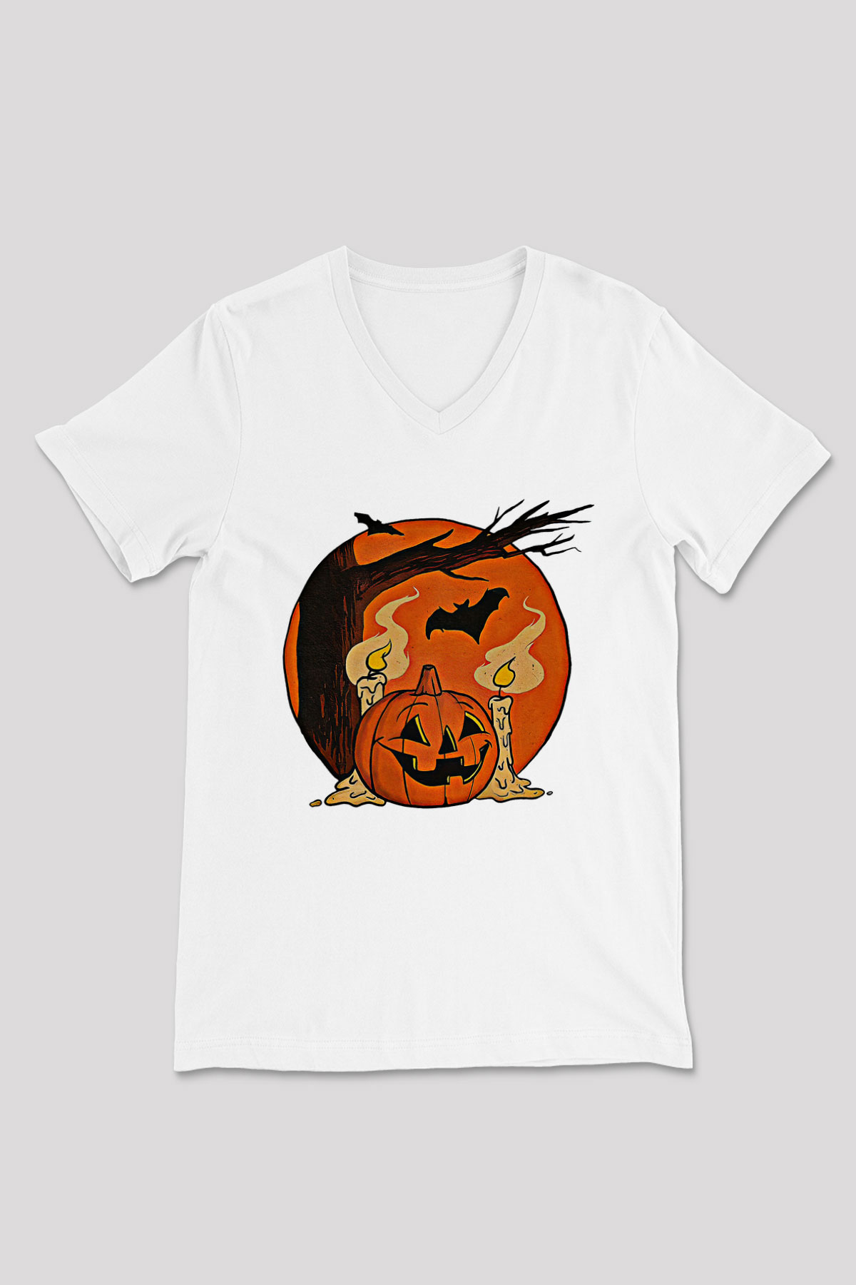 Halloween Baskılı Beyaz Unisex V Yaka Tişört - Tshirt