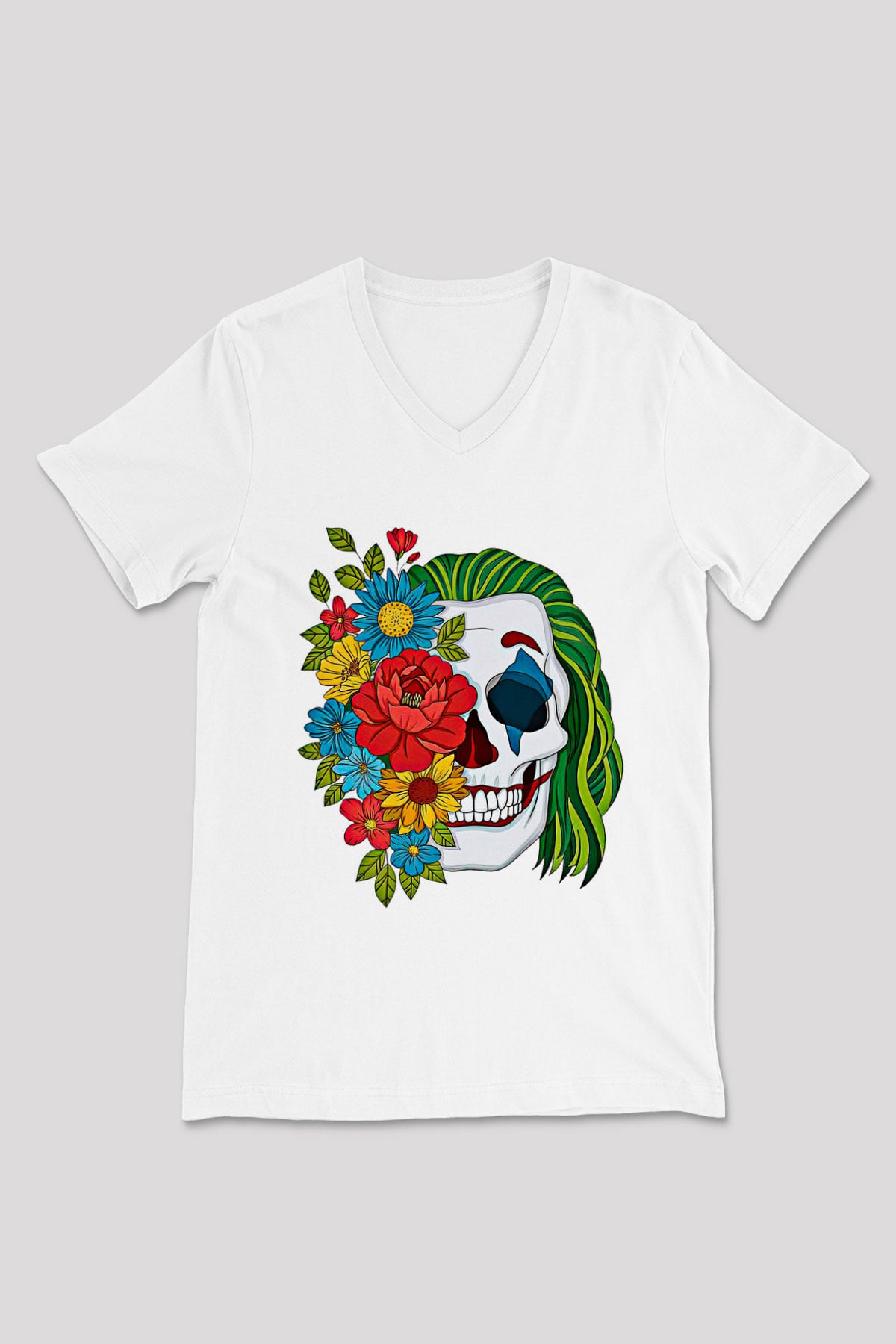 Halloween Baskılı Beyaz Unisex V Yaka Tişört - Tshirt