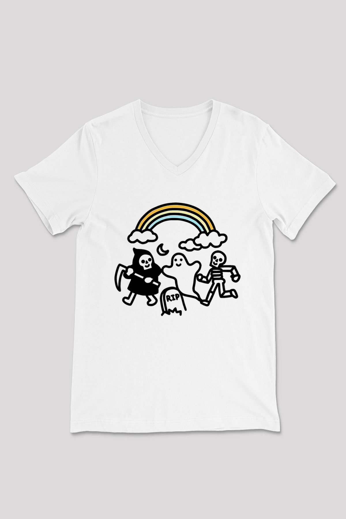 Halloween Baskılı Beyaz Unisex V Yaka Tişört - Tshirt