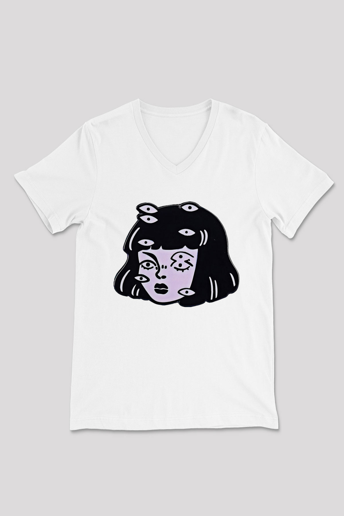 Halloween Baskılı Beyaz Unisex V Yaka Tişört - Tshirt