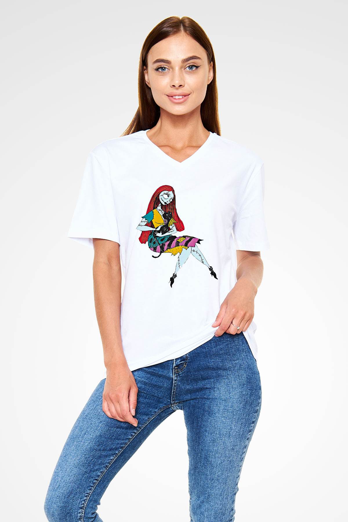 Halloween Baskılı Beyaz Unisex V Yaka Tişört - Tshirt