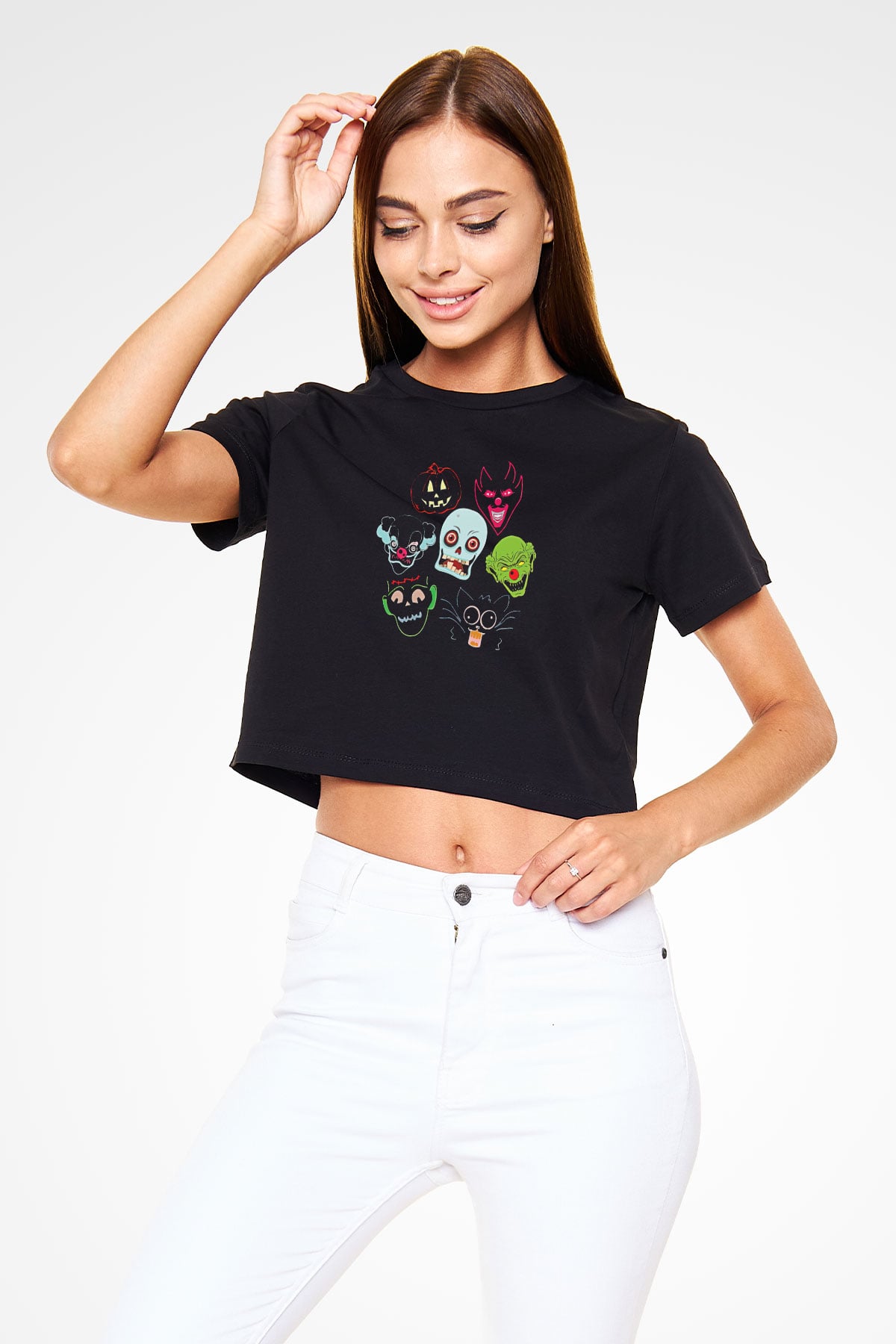 Halloween Baskılı Siyah Crop Top Kadın Tişört - Tshirt