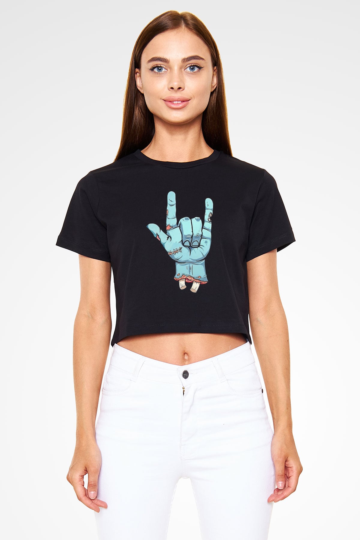 Halloween Baskılı Siyah Crop Top Kadın Tişört - Tshirt