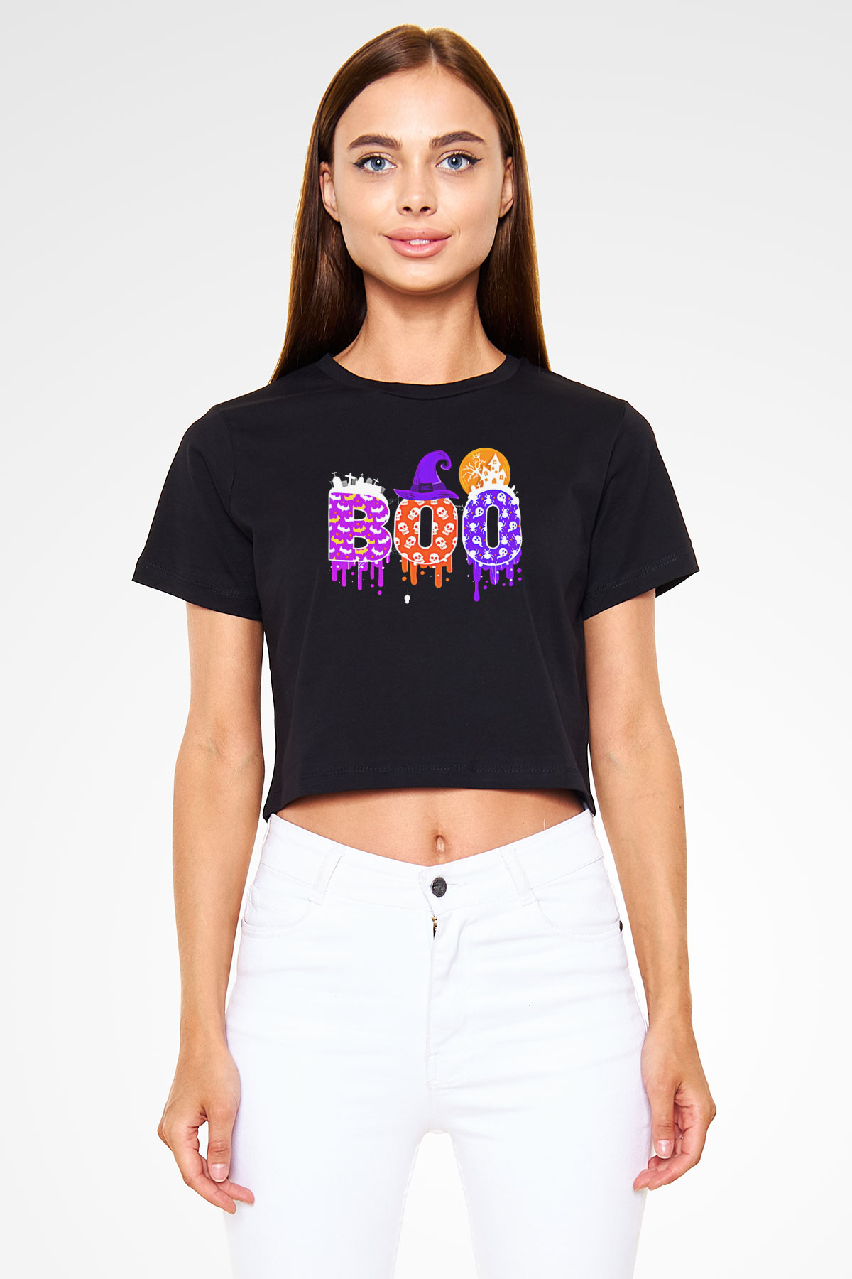 Halloween Baskılı Siyah Crop Top Kadın Tişört - Tshirt