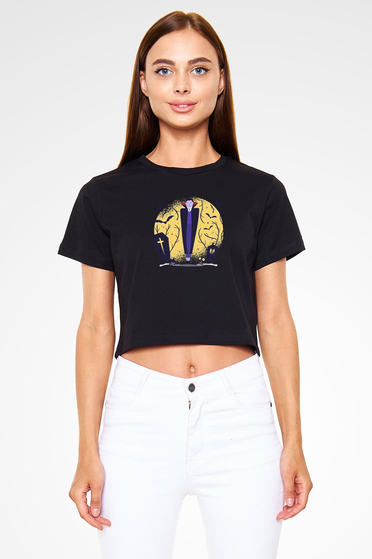 Halloween Baskılı Siyah Crop Top Kadın Tişört - Tshirt