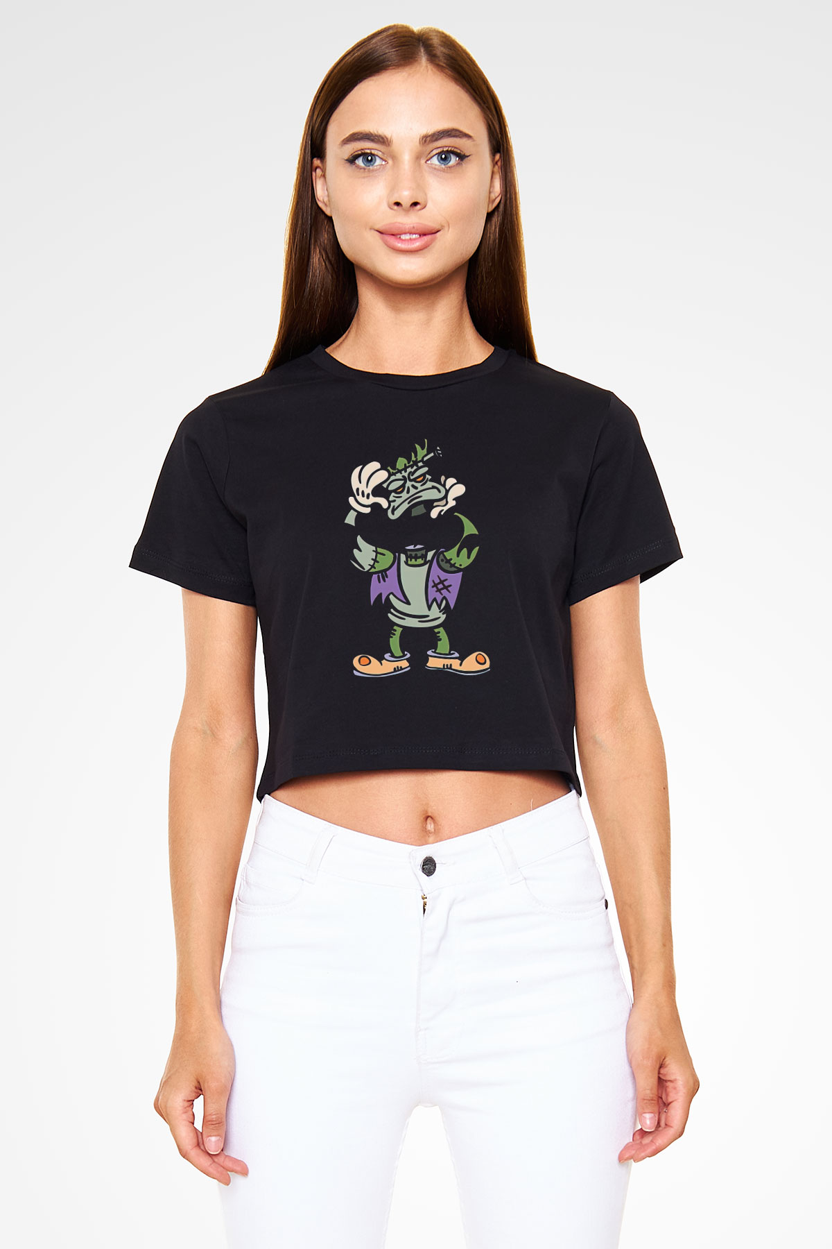 Halloween Baskılı Siyah Crop Top Kadın Tişört - Tshirt