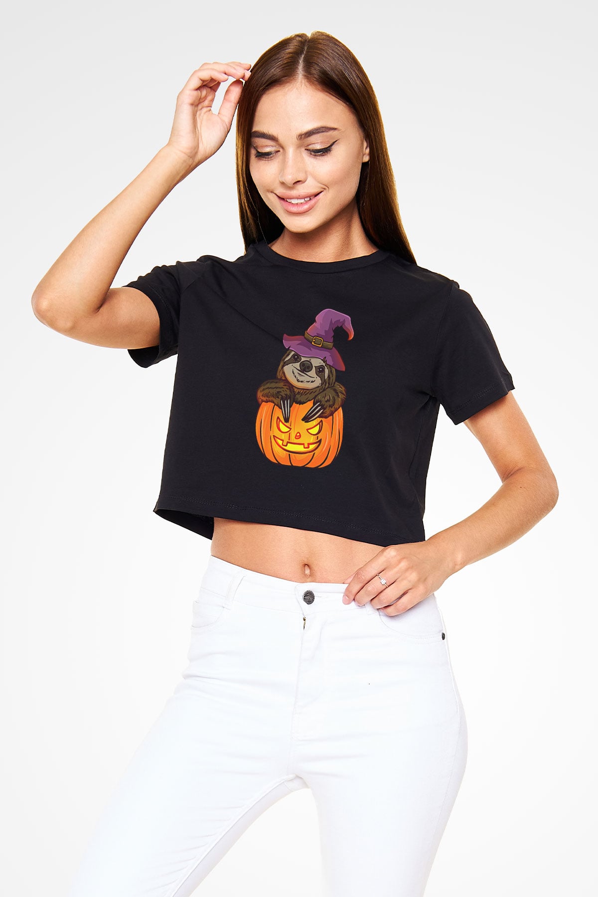 Halloween Baskılı Siyah Crop Top Kadın Tişört - Tshirt
