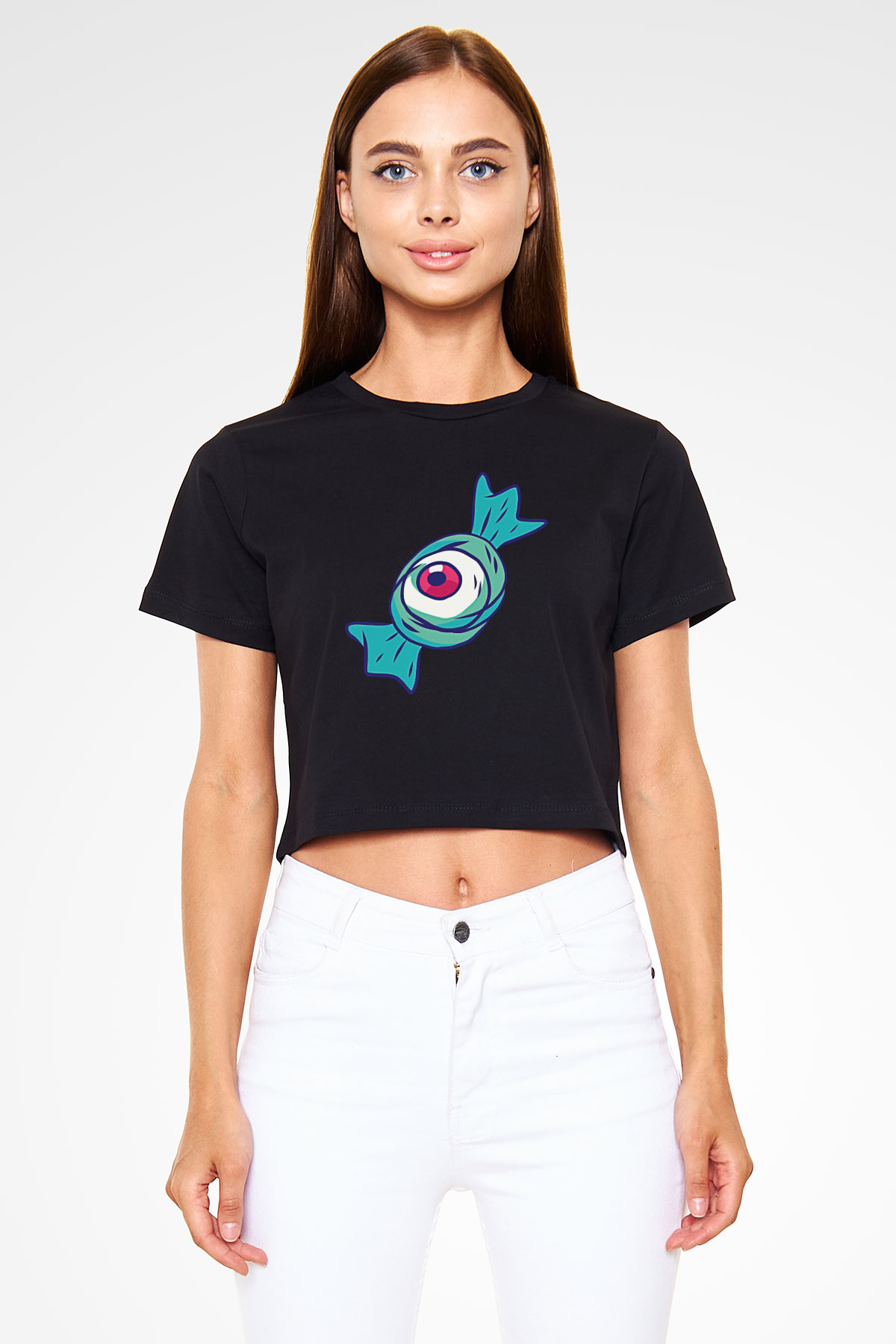 Halloween Baskılı Siyah Crop Top Kadın Tişört - Tshirt