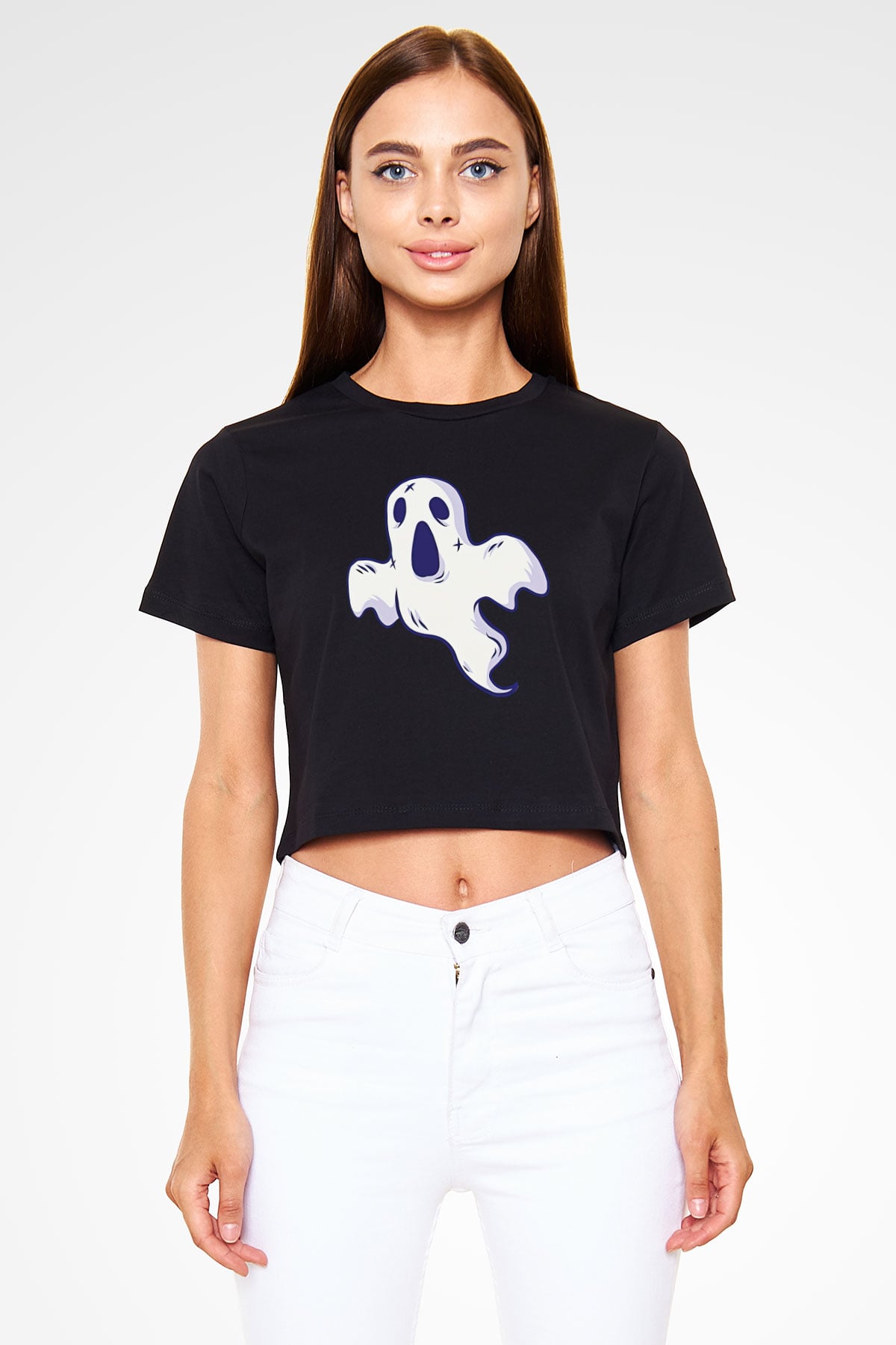 Halloween Baskılı Siyah Crop Top Kadın Tişört - Tshirt