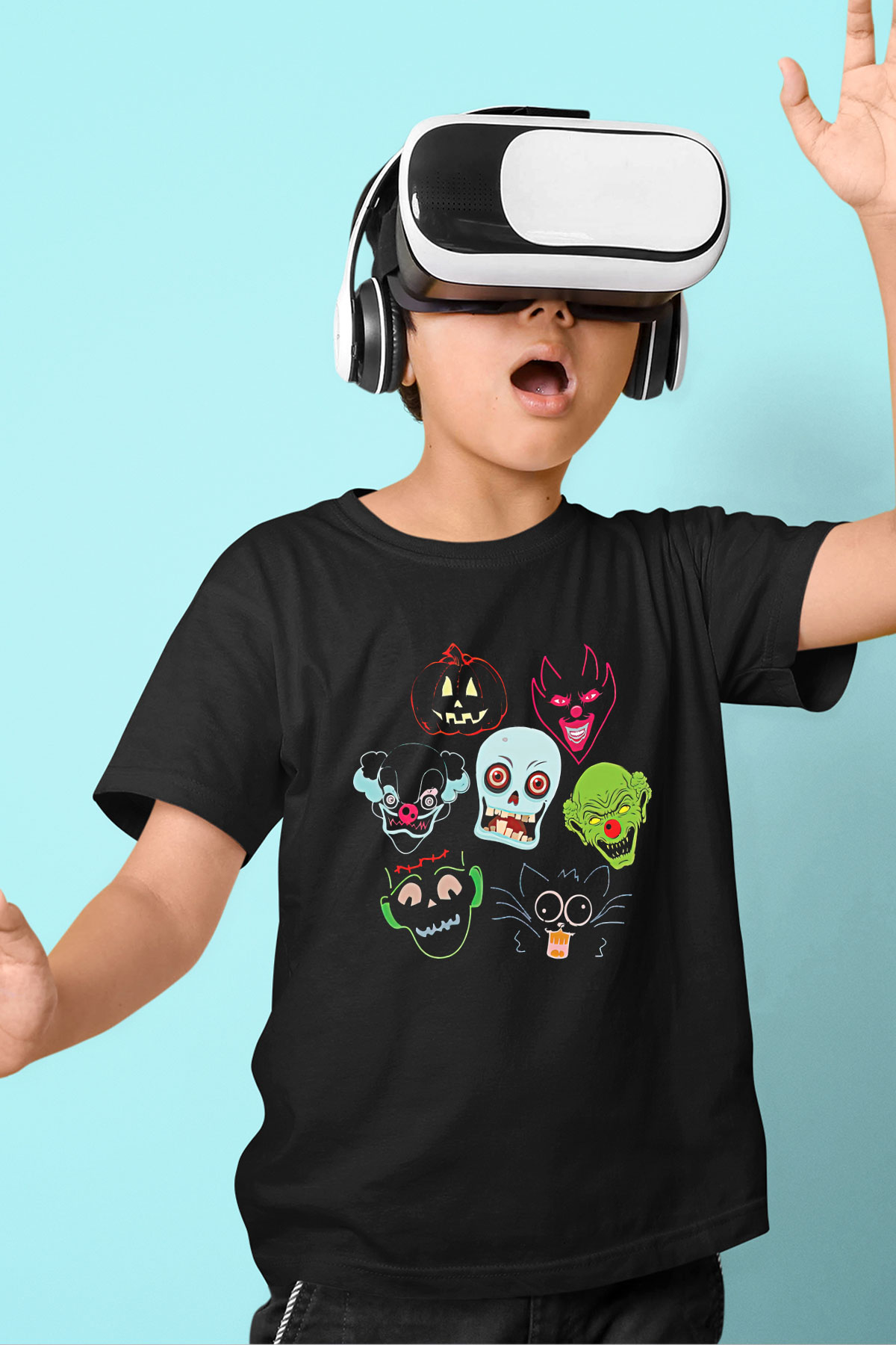 Halloween Baskılı Unisex Siyah Çocuk Tişört - Tshirt