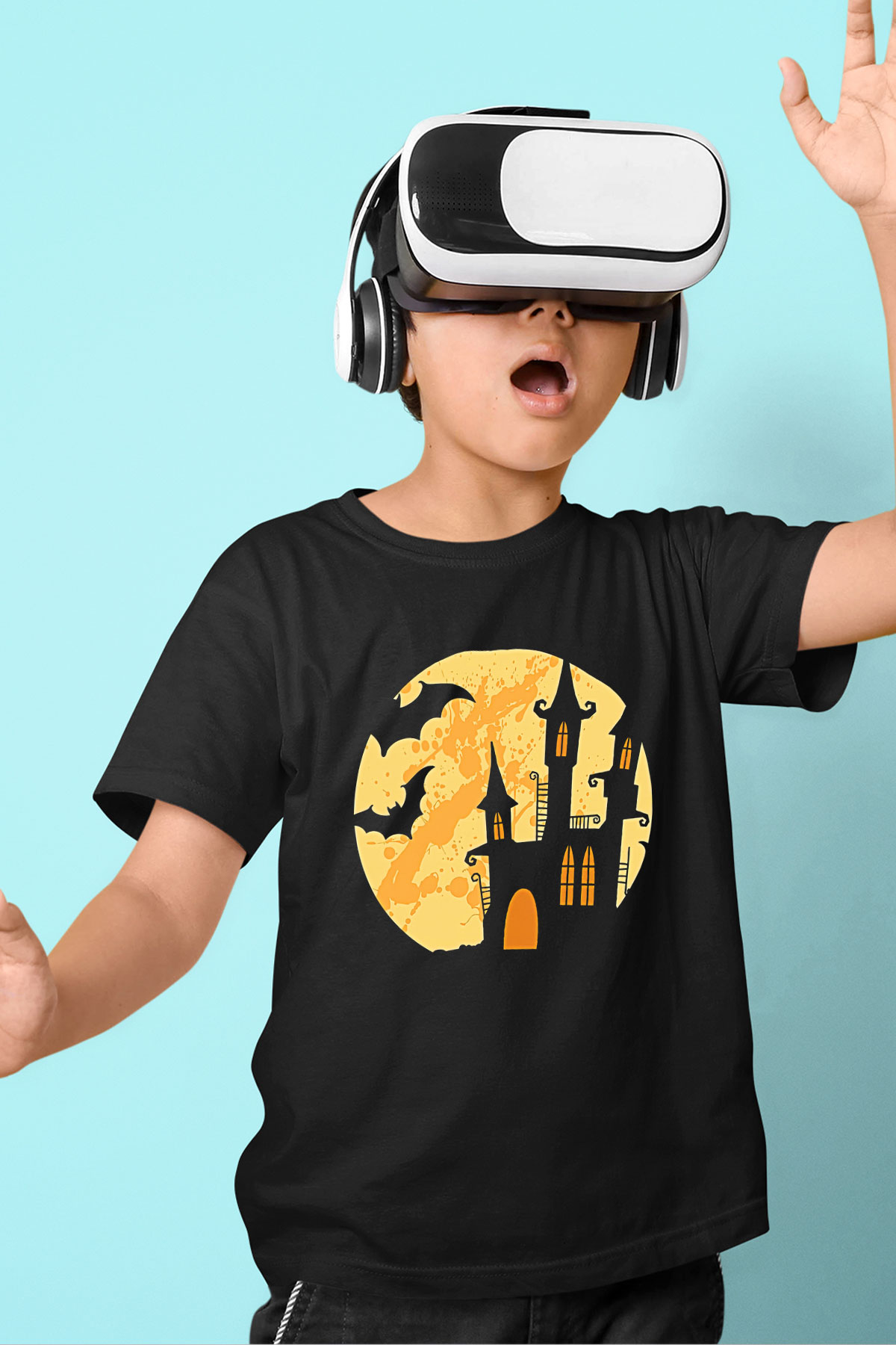 Halloween Baskılı Unisex Siyah Çocuk Tişört - Tshirt