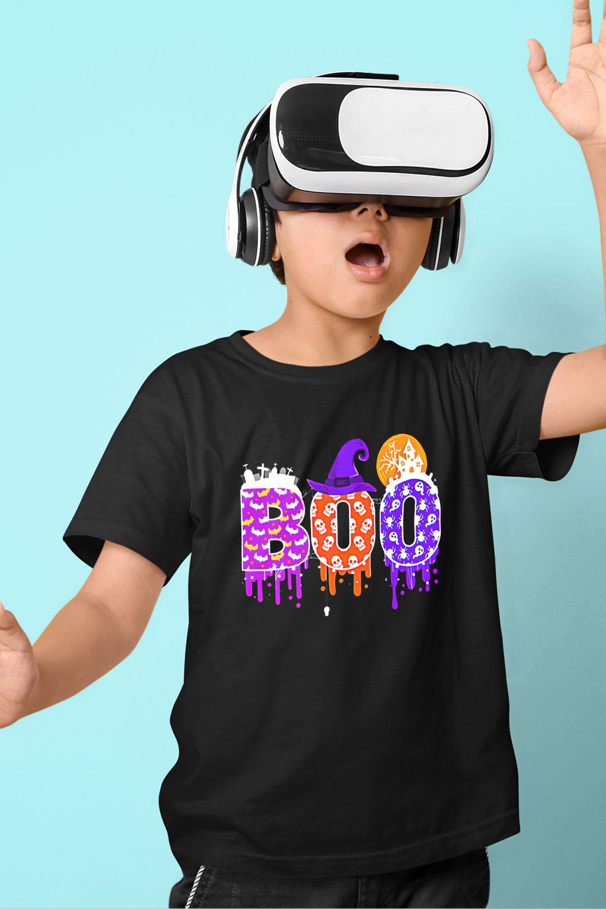 Halloween Baskılı Unisex Siyah Çocuk Tişört - Tshirt
