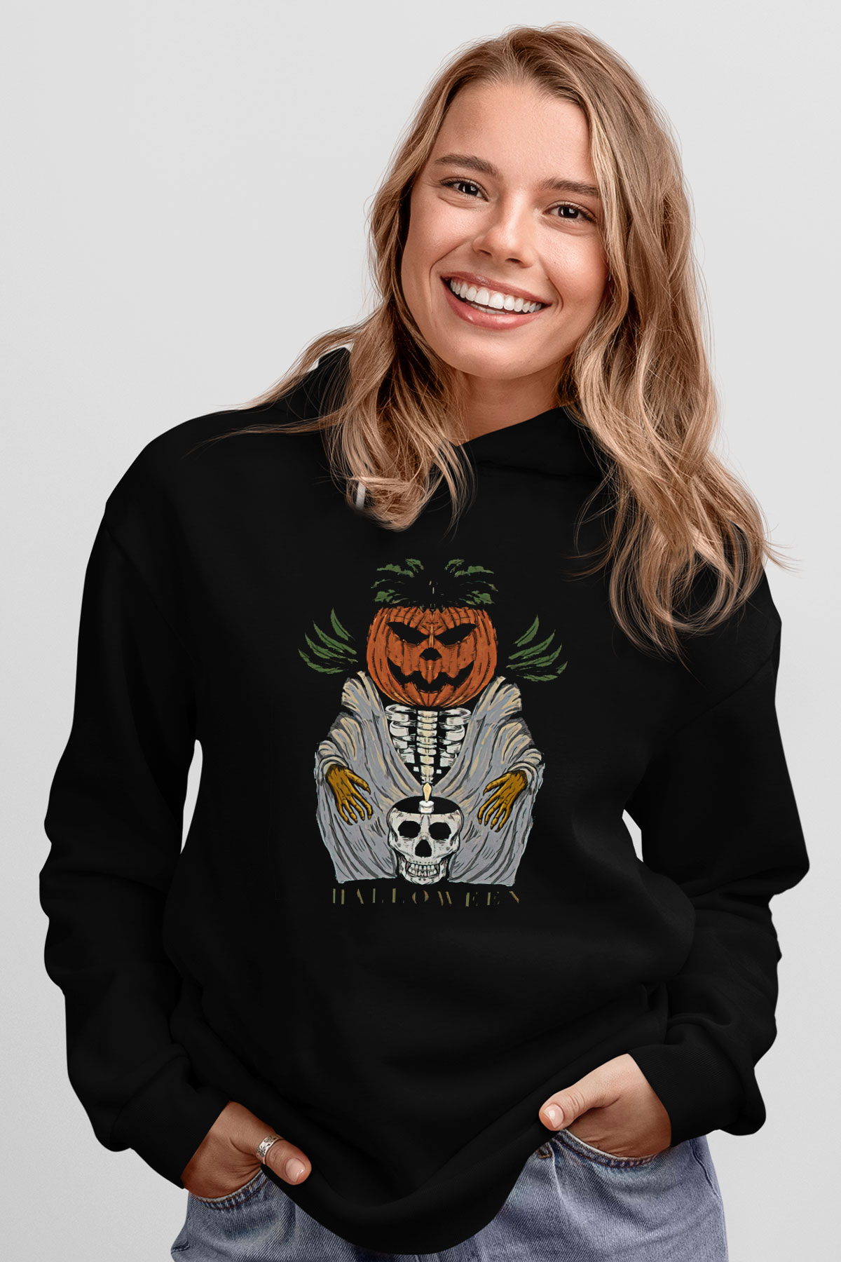Halloween Baskılı Unisex Siyah Hoodie
