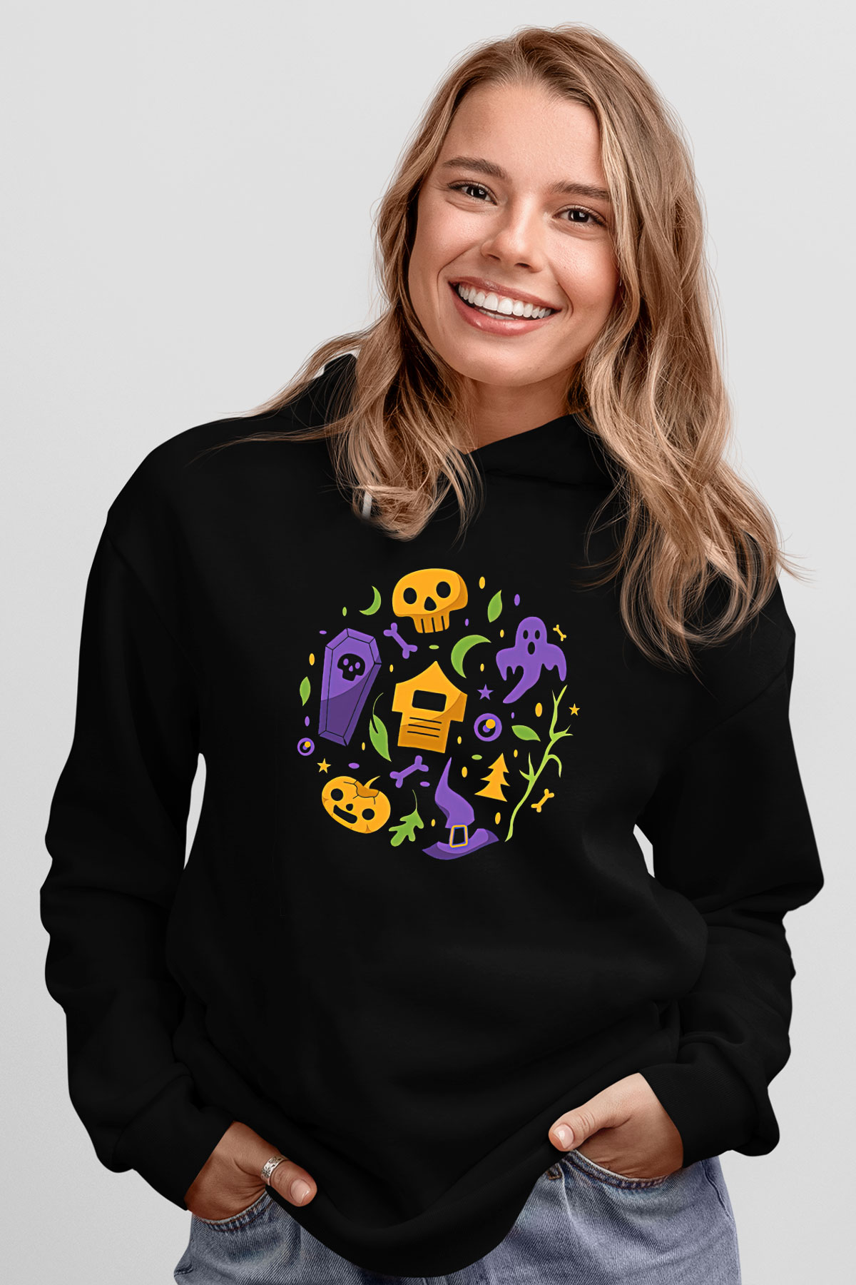 Halloween Baskılı Unisex Siyah Hoodie