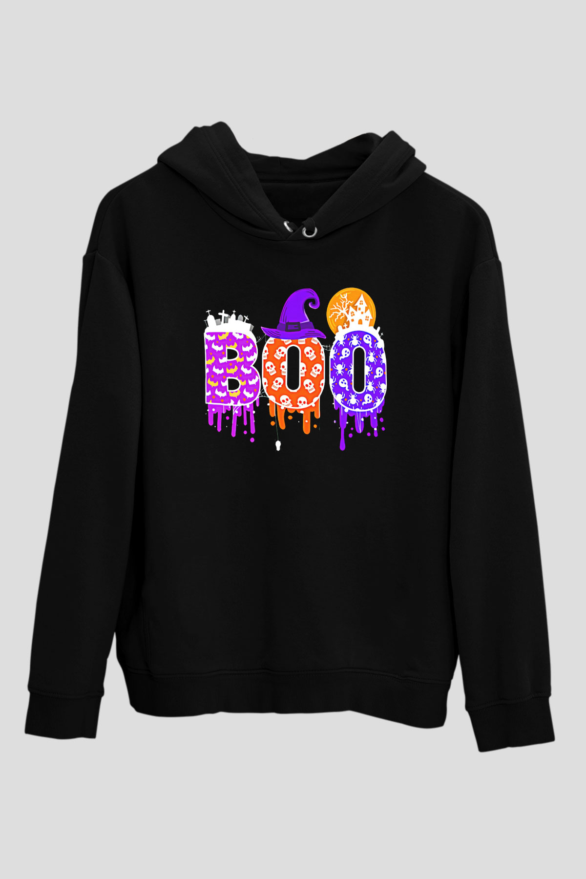 Halloween Baskılı Unisex Siyah Hoodie