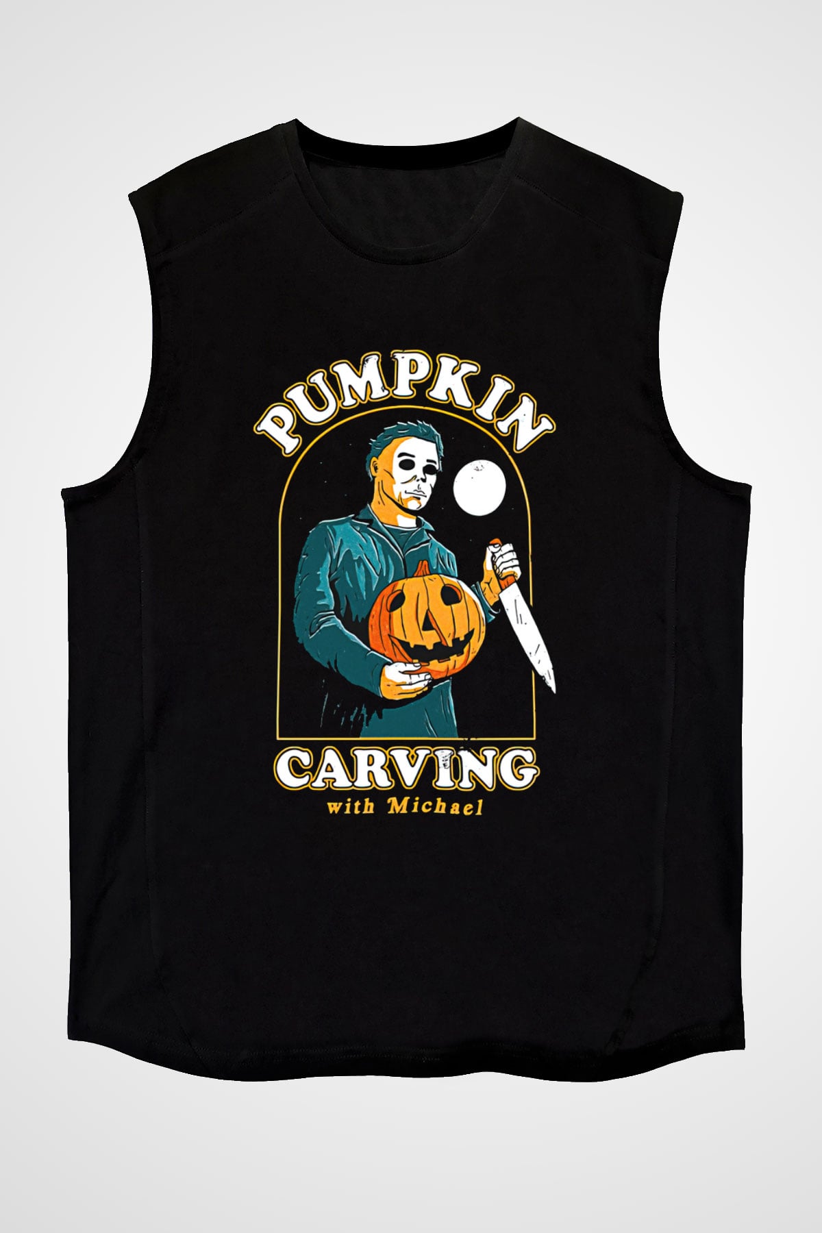 Halloween Baskılı Unisex Siyah Kolsuz Tişört - Tshirt
