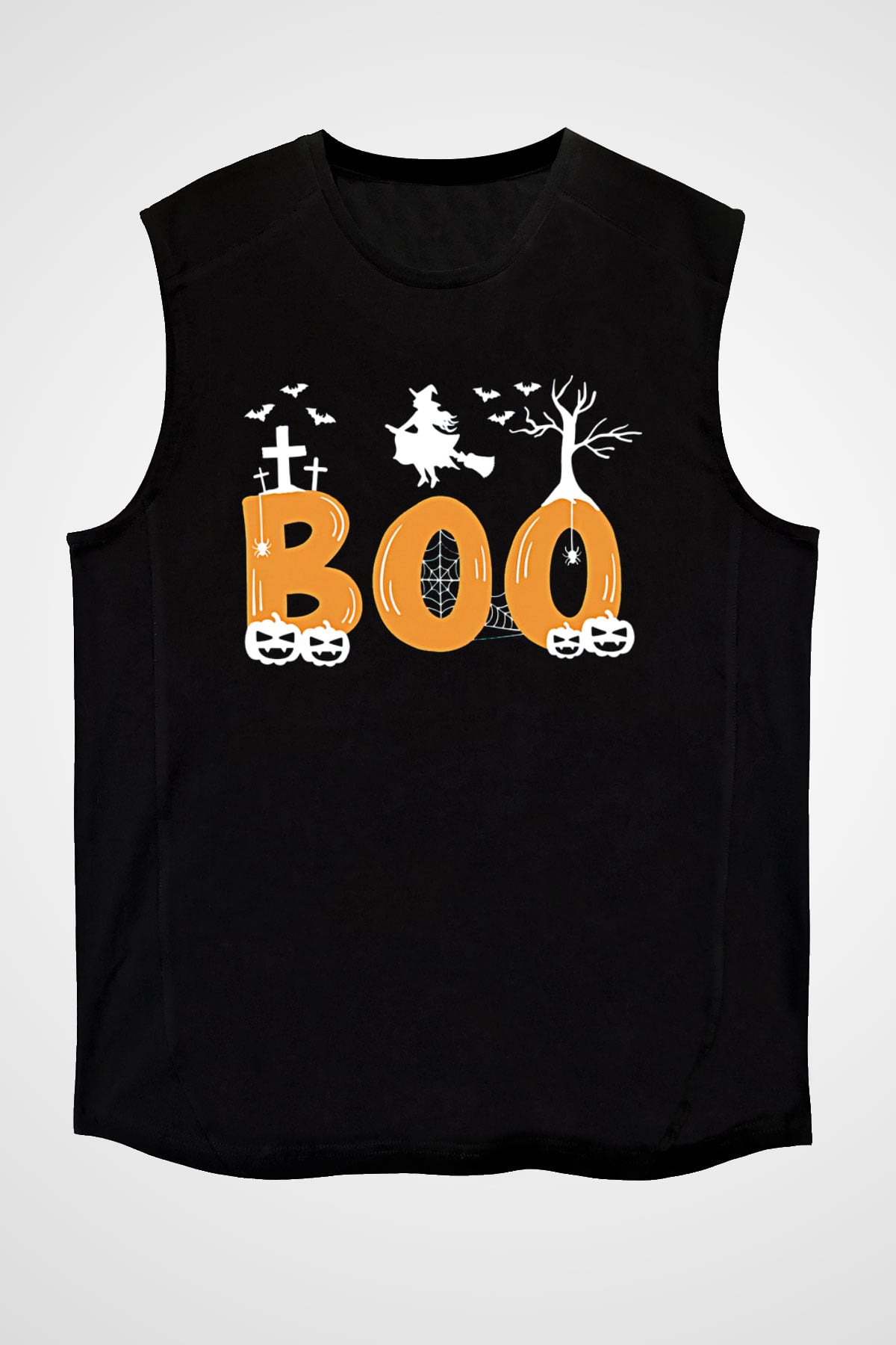 Halloween Baskılı Unisex Siyah Kolsuz Tişört - Tshirt